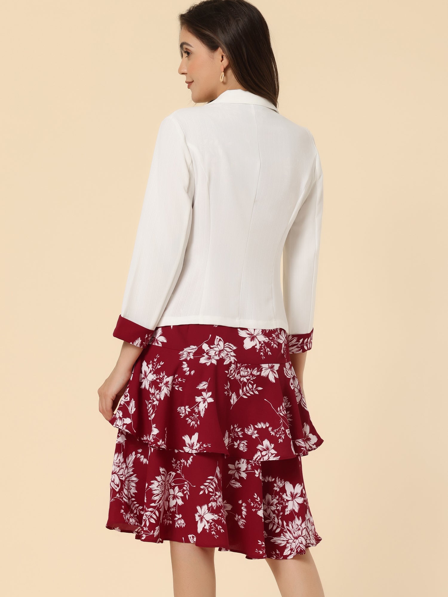 Work flower Print Contrast Panel 2pc Sets Chiffon V Neck Jacket Dress