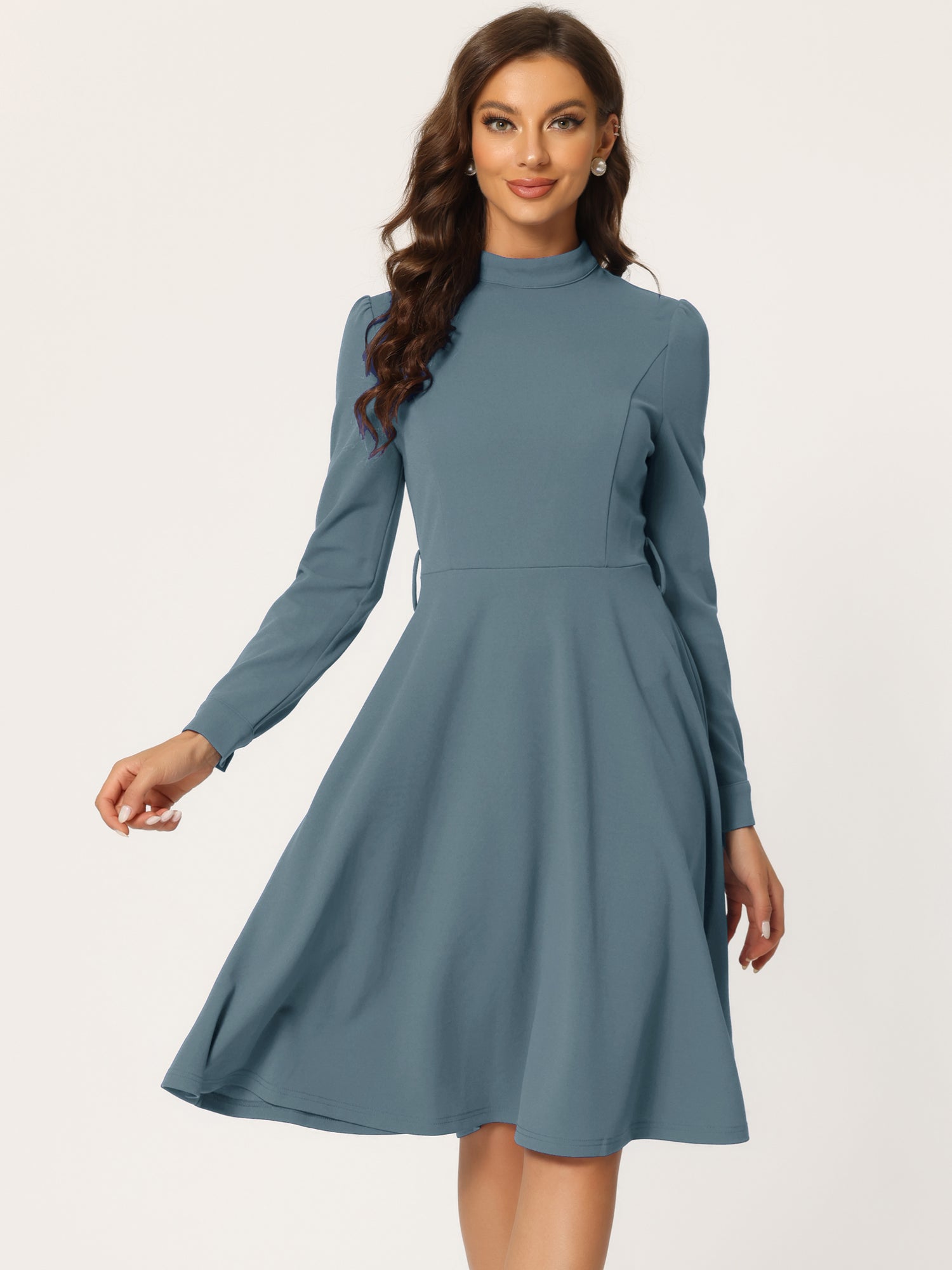 Elegant Sheath Mock Neck Flare Long Sleeve Knit Midi Dress