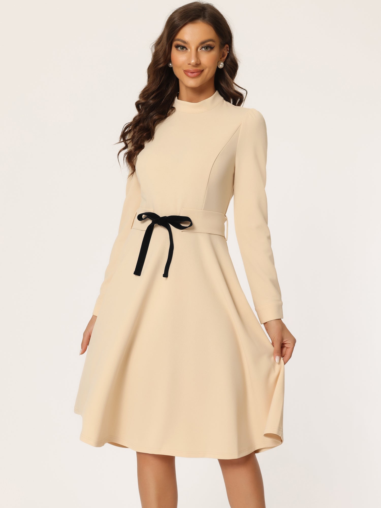 Elegant Sheath Mock Neck Flare Long Sleeve Knit Midi Dress