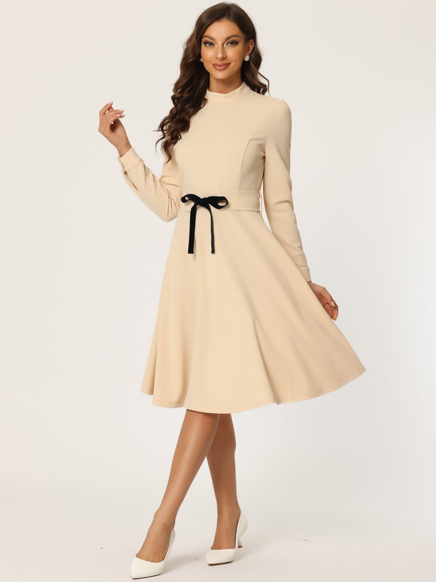 Elegant Sheath Mock Neck Flare Long Sleeve Knit Midi Dress