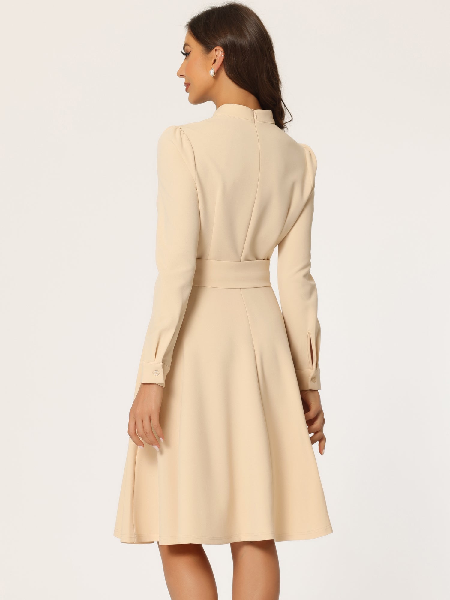Elegant Sheath Mock Neck Flare Long Sleeve Knit Midi Dress