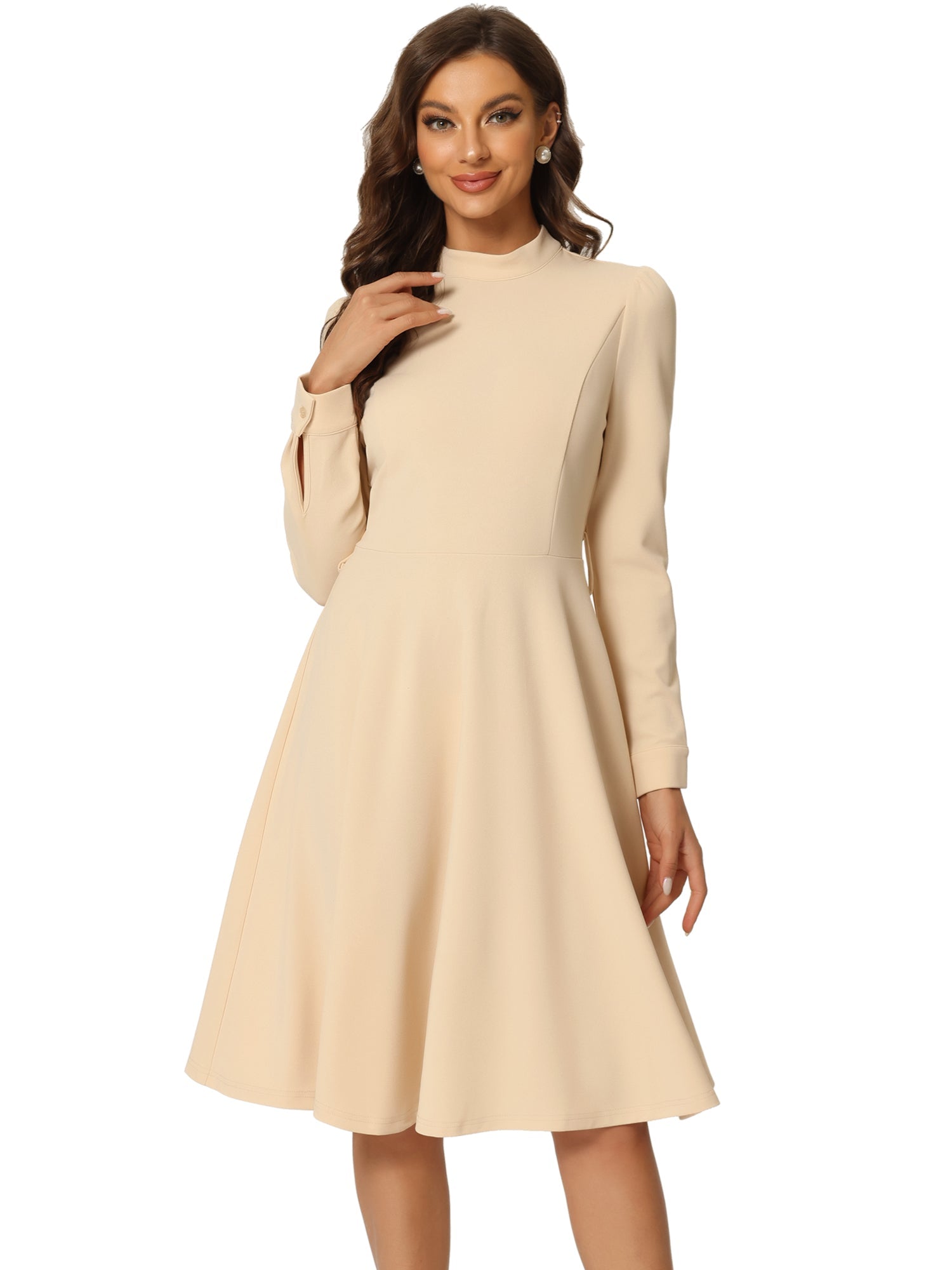 Elegant Sheath Mock Neck Flare Long Sleeve Knit Midi Dress