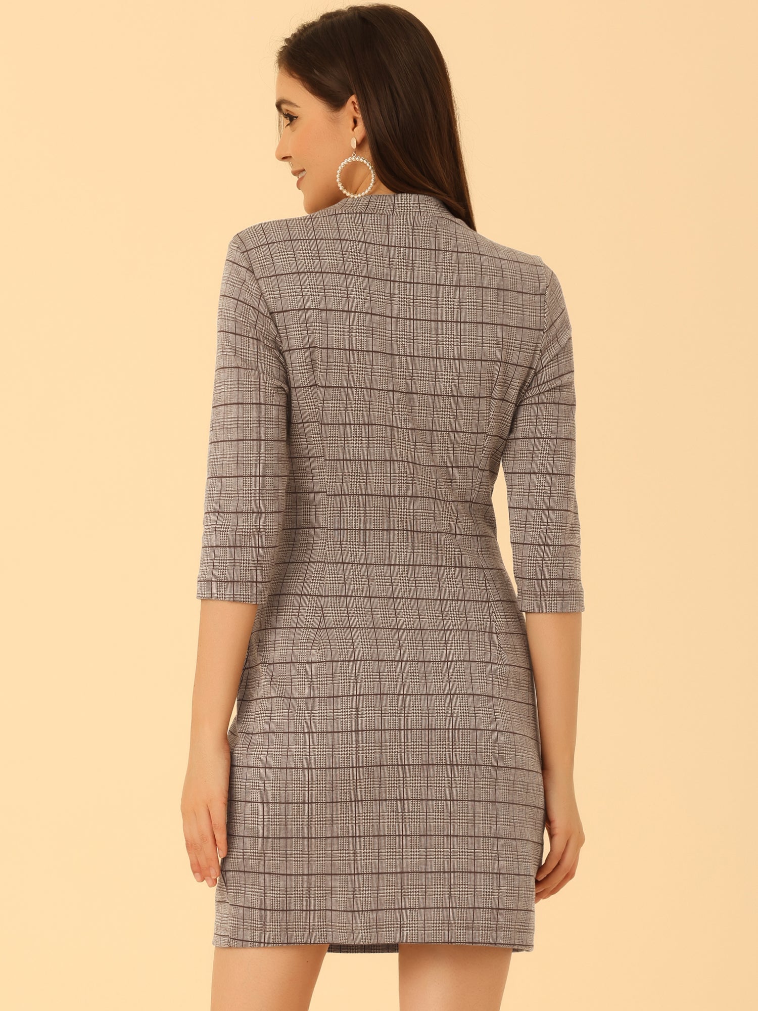 Mock Neck 3/4 Sleeve Slim Check Office Work Plaid Dress