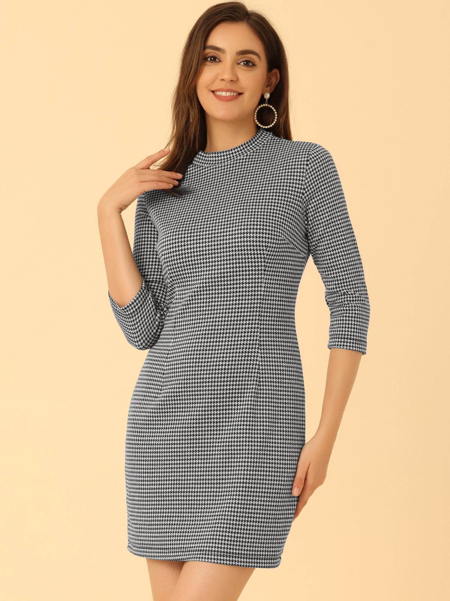 Mock Neck 3/4 Sleeve Slim Check Office Work Plaid Dress