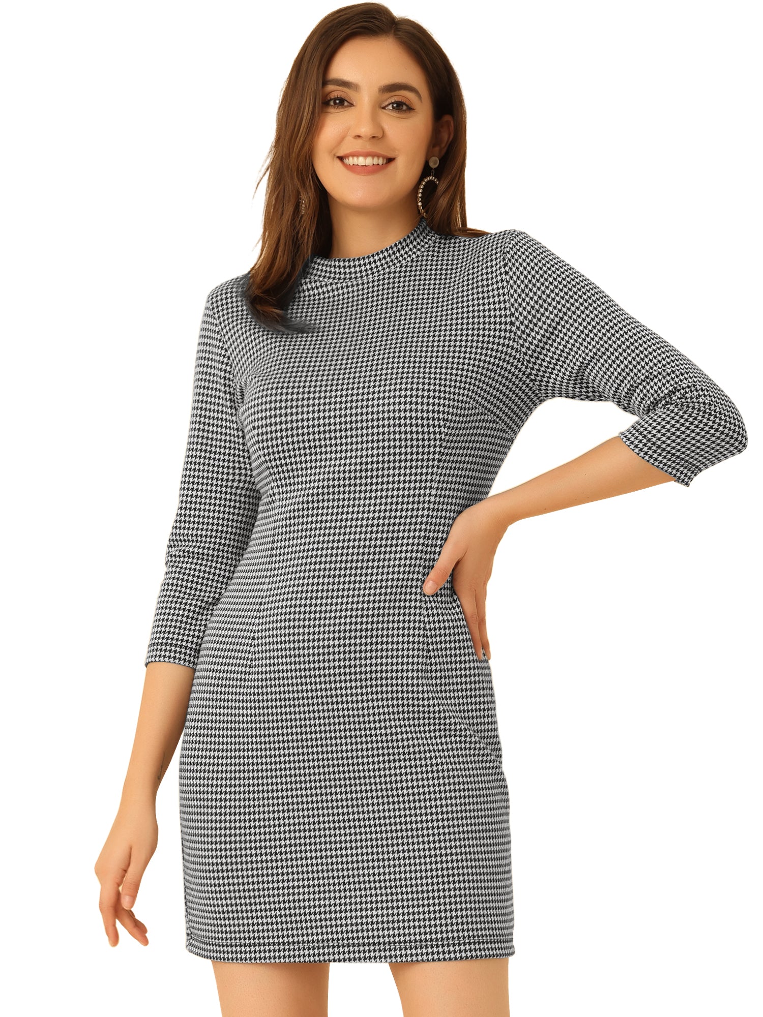 Mock Neck 3/4 Sleeve Slim Check Office Work Plaid Dress