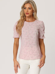 Floral Crew Neck Ruched Sleeve Casual Blouse