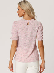 Floral Crew Neck Ruched Sleeve Casual Blouse