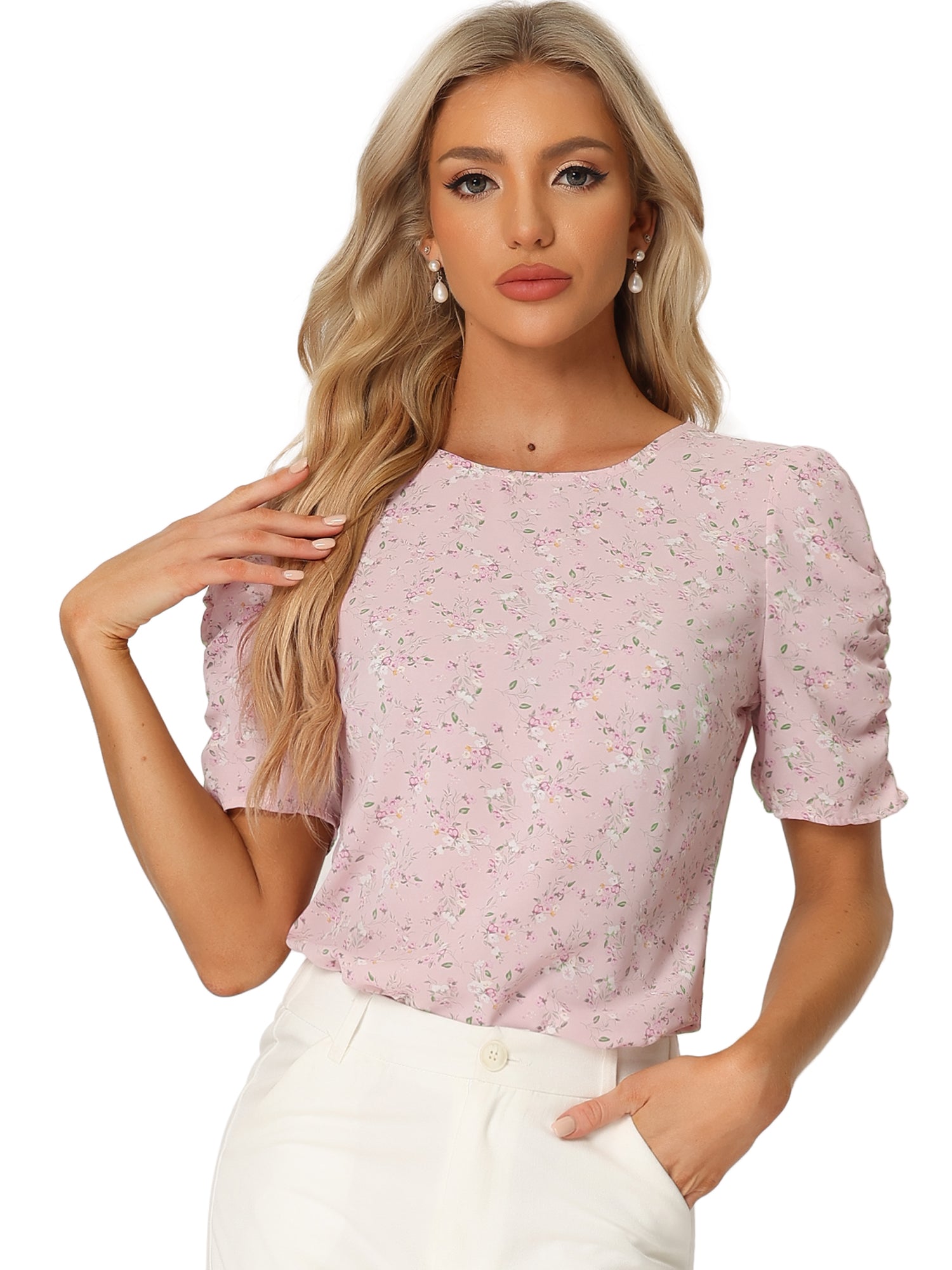 Floral Crew Neck Ruched Sleeve Casual Blouse