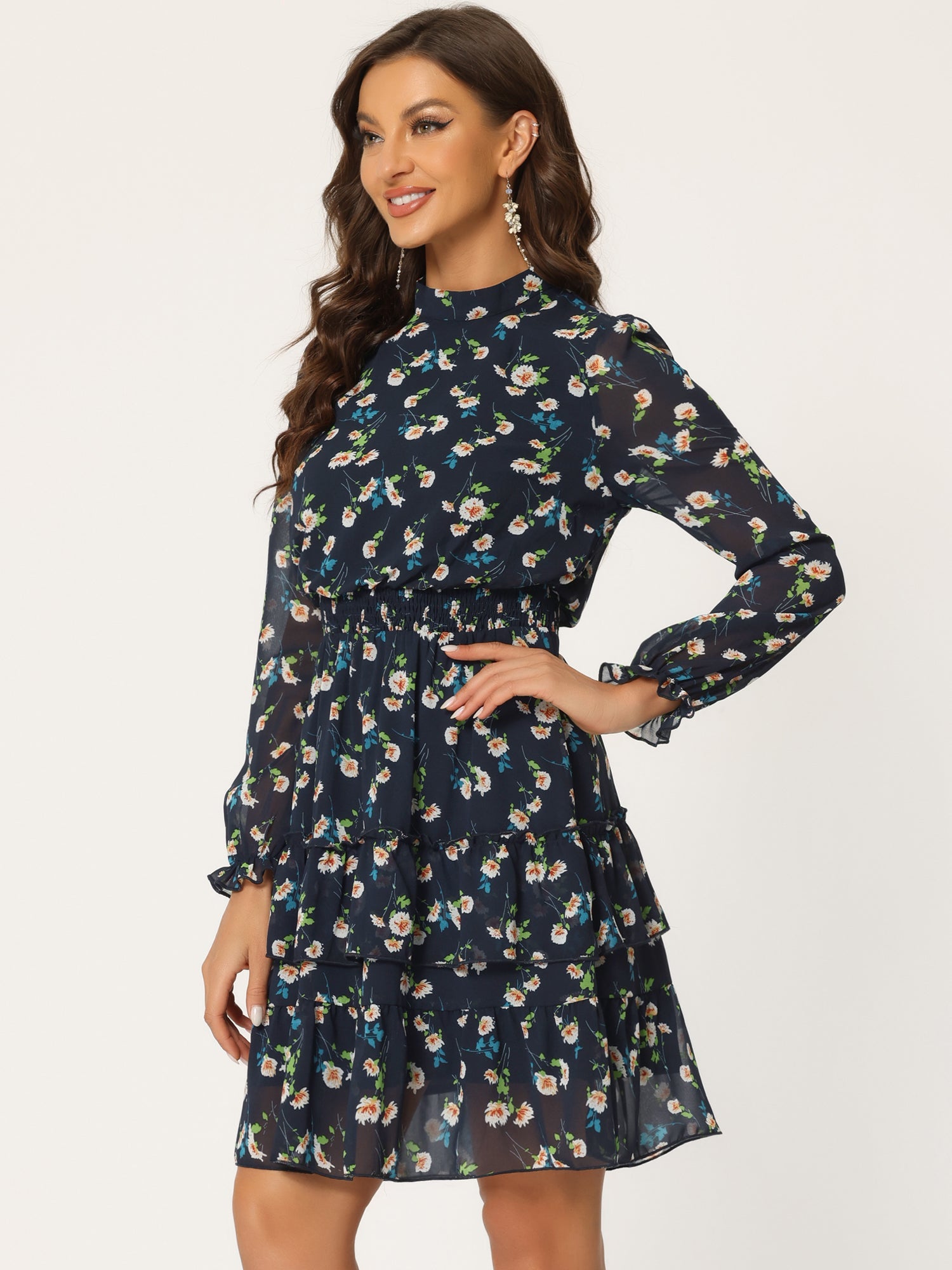 Floral Smocked Waist Sheer Sleeve Ruffle Layers Chiffon Dress
