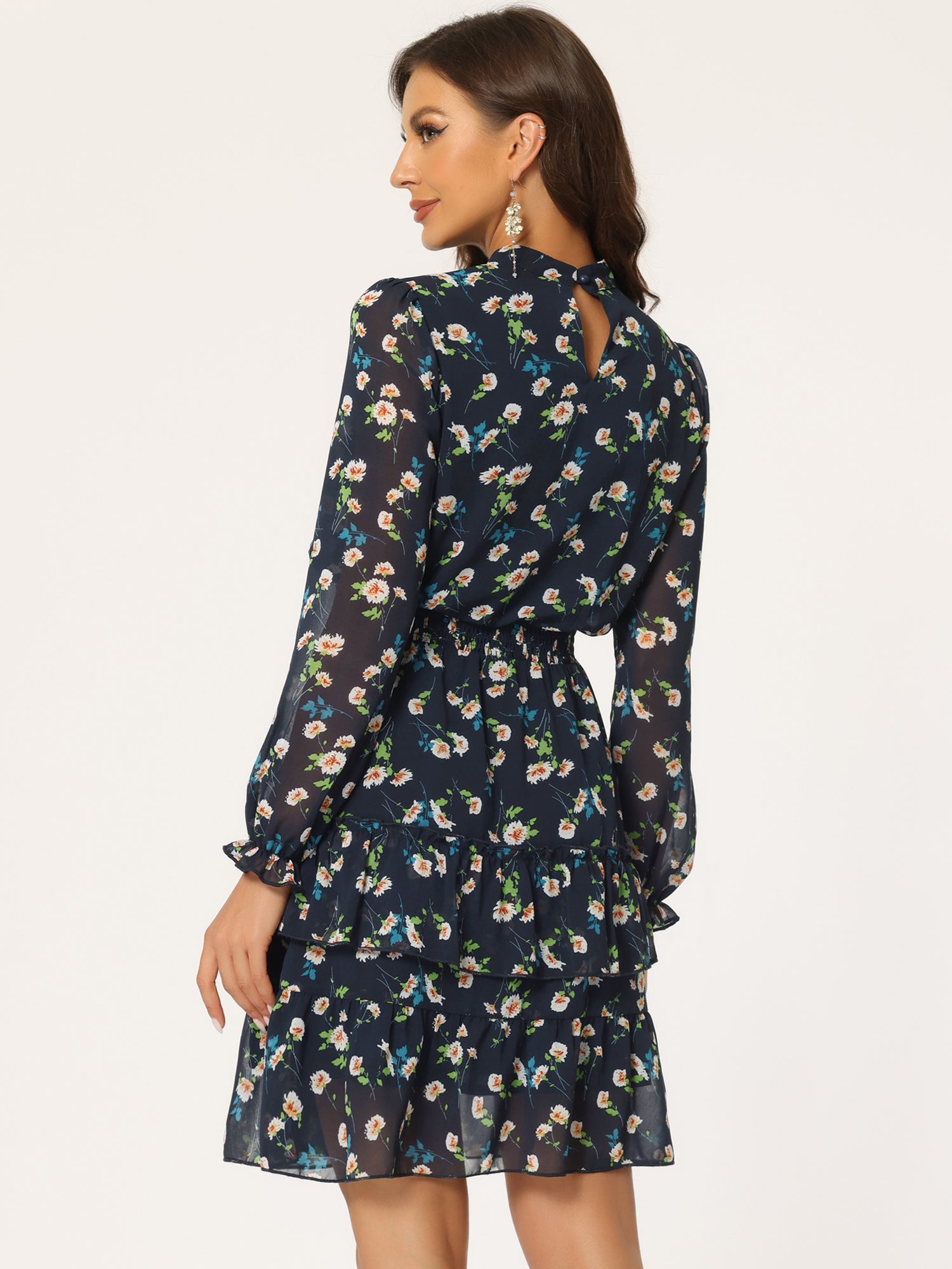 Floral Smocked Waist Sheer Sleeve Ruffle Layers Chiffon Dress