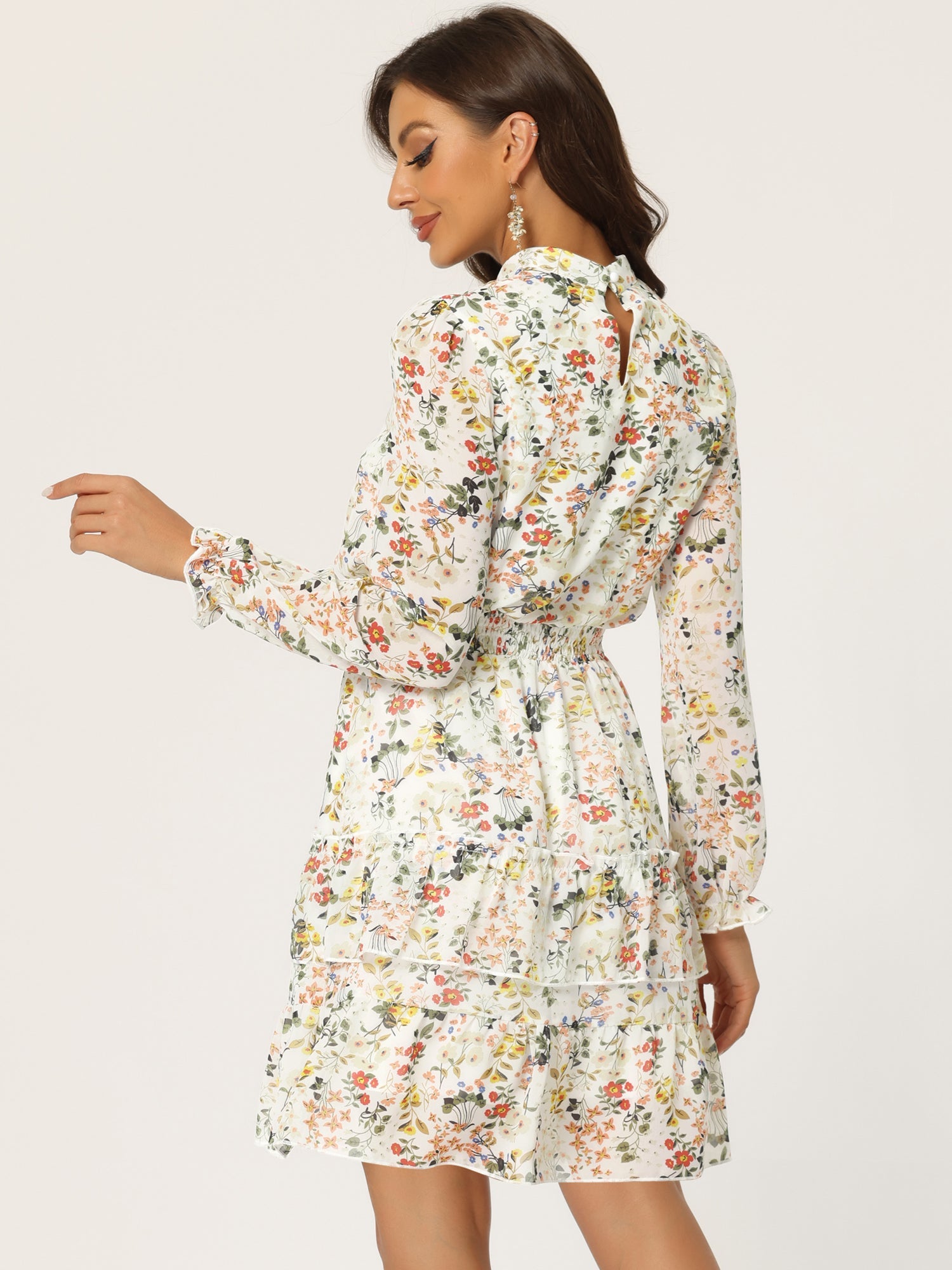Floral Smocked Waist Sheer Sleeve Ruffle Layers Chiffon Dress