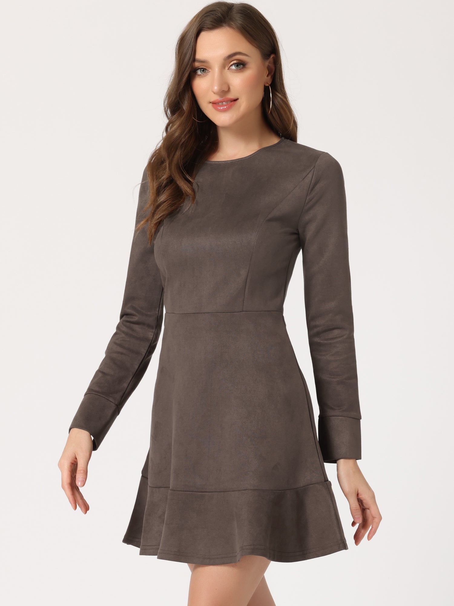 Faux Suede Round Neck Long Sleeve Ruffle Hem Party Mini Dress