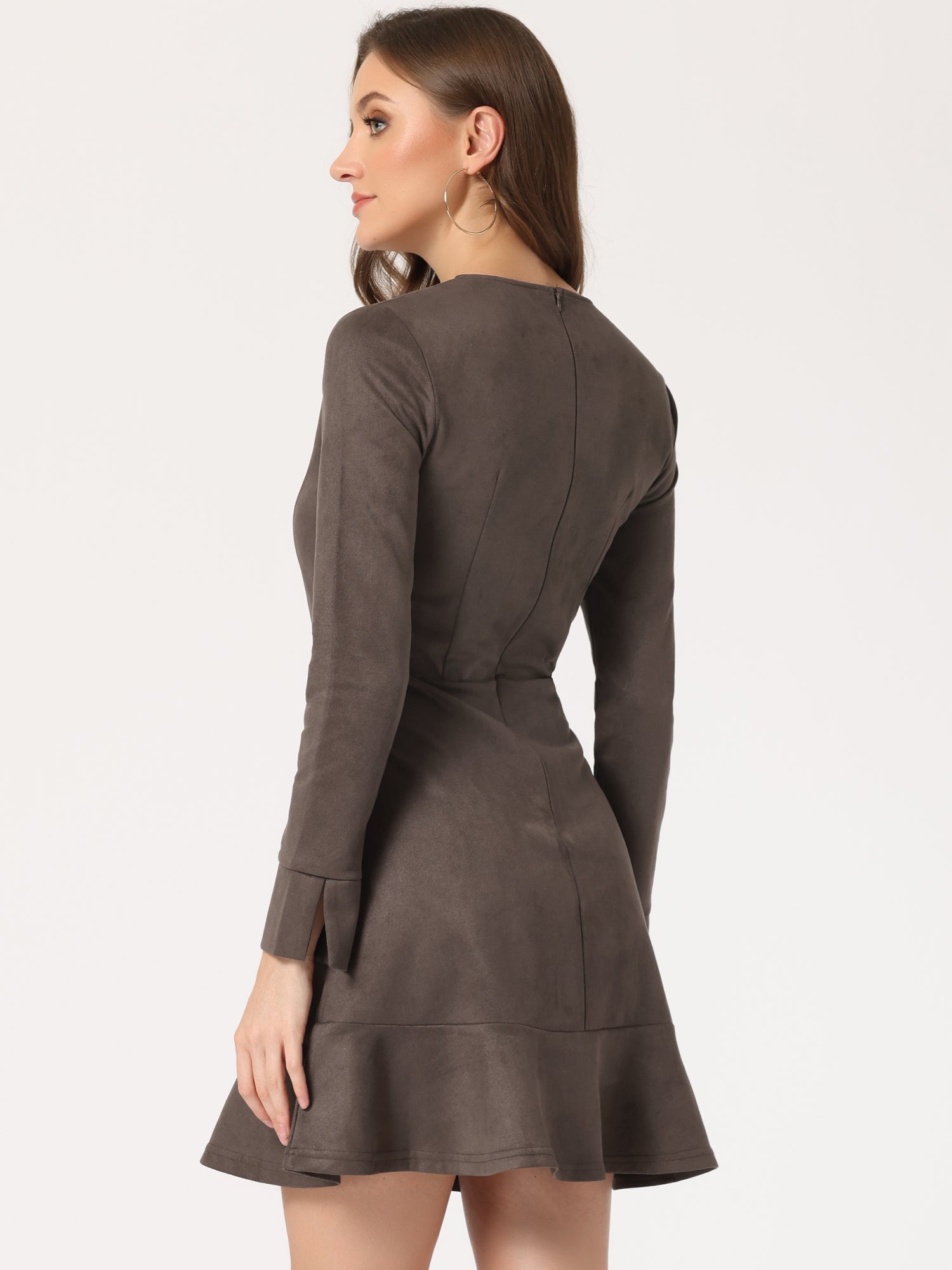 Faux Suede Round Neck Long Sleeve Ruffle Hem Party Mini Dress