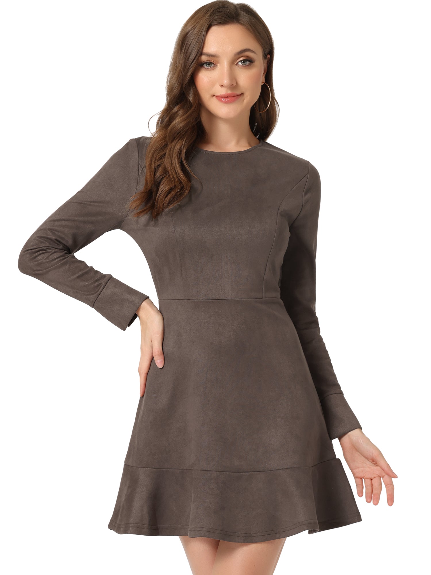 Faux Suede Round Neck Long Sleeve Ruffle Hem Party Mini Dress