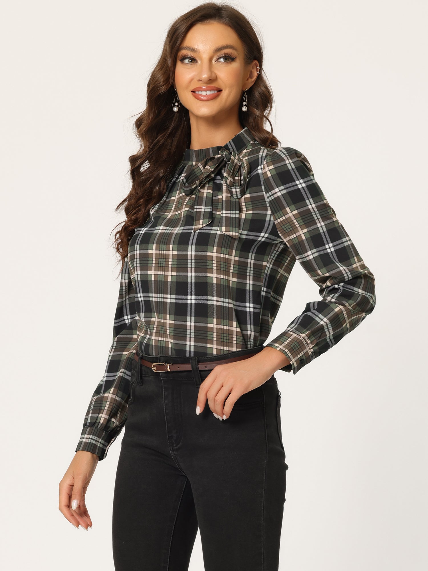Bow Tie Neck Grid Checks Shirt Office Work Tops Blouse