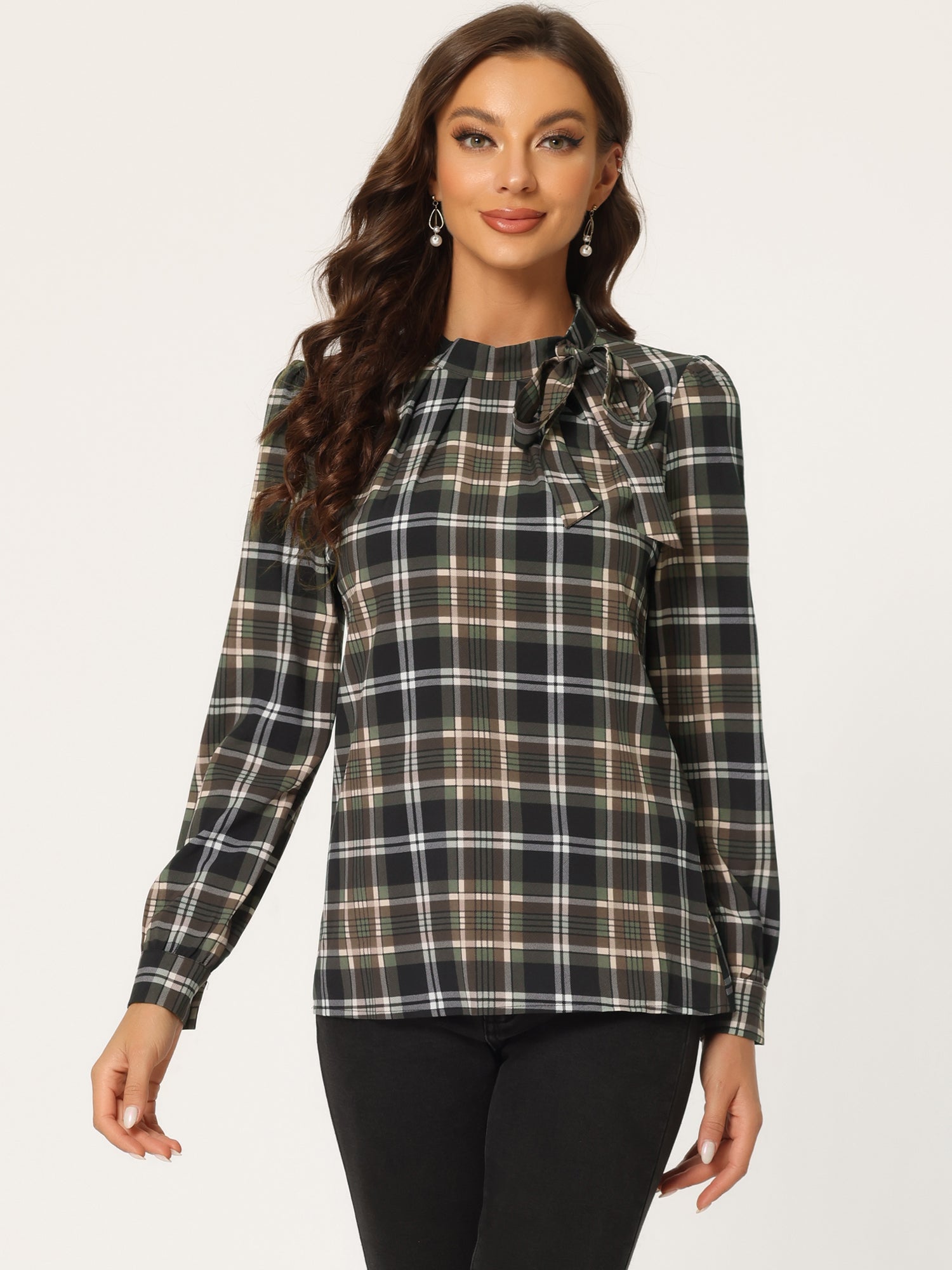 Bow Tie Neck Grid Checks Shirt Office Work Tops Blouse