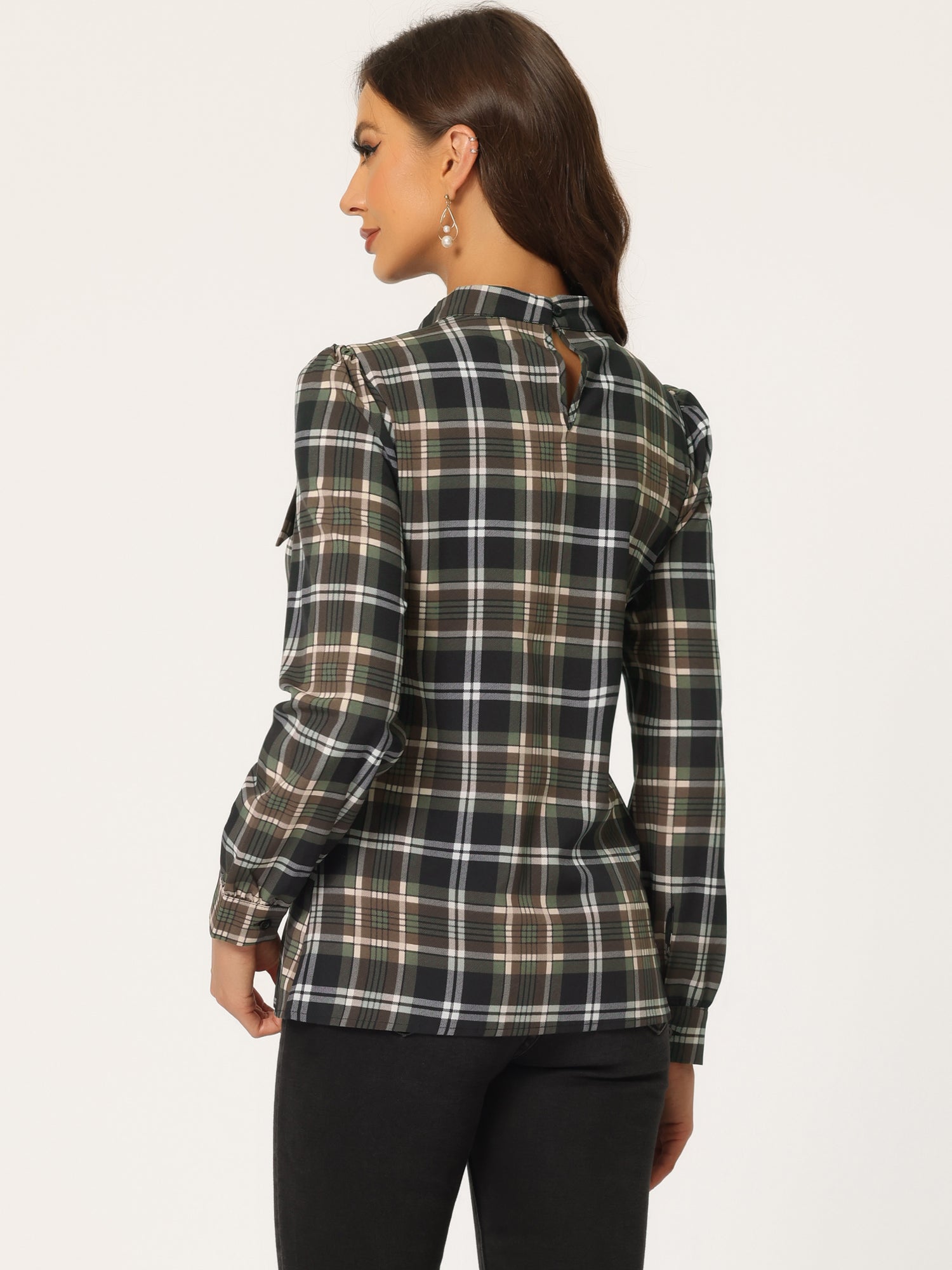 Bow Tie Neck Grid Checks Shirt Office Work Tops Blouse