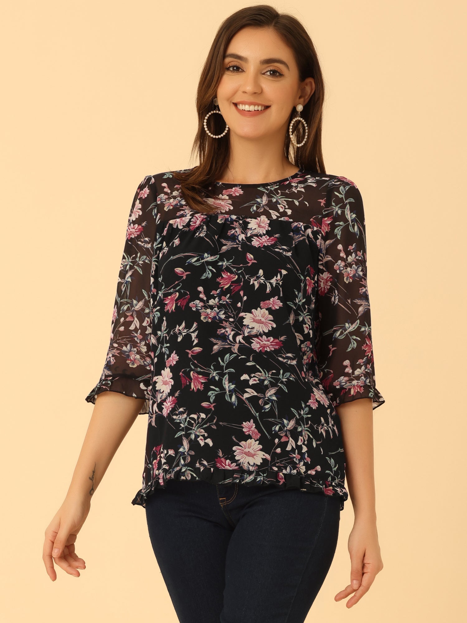 Casual Ruffle Floral Print 3/4 Sleeve Chiffon Blouse