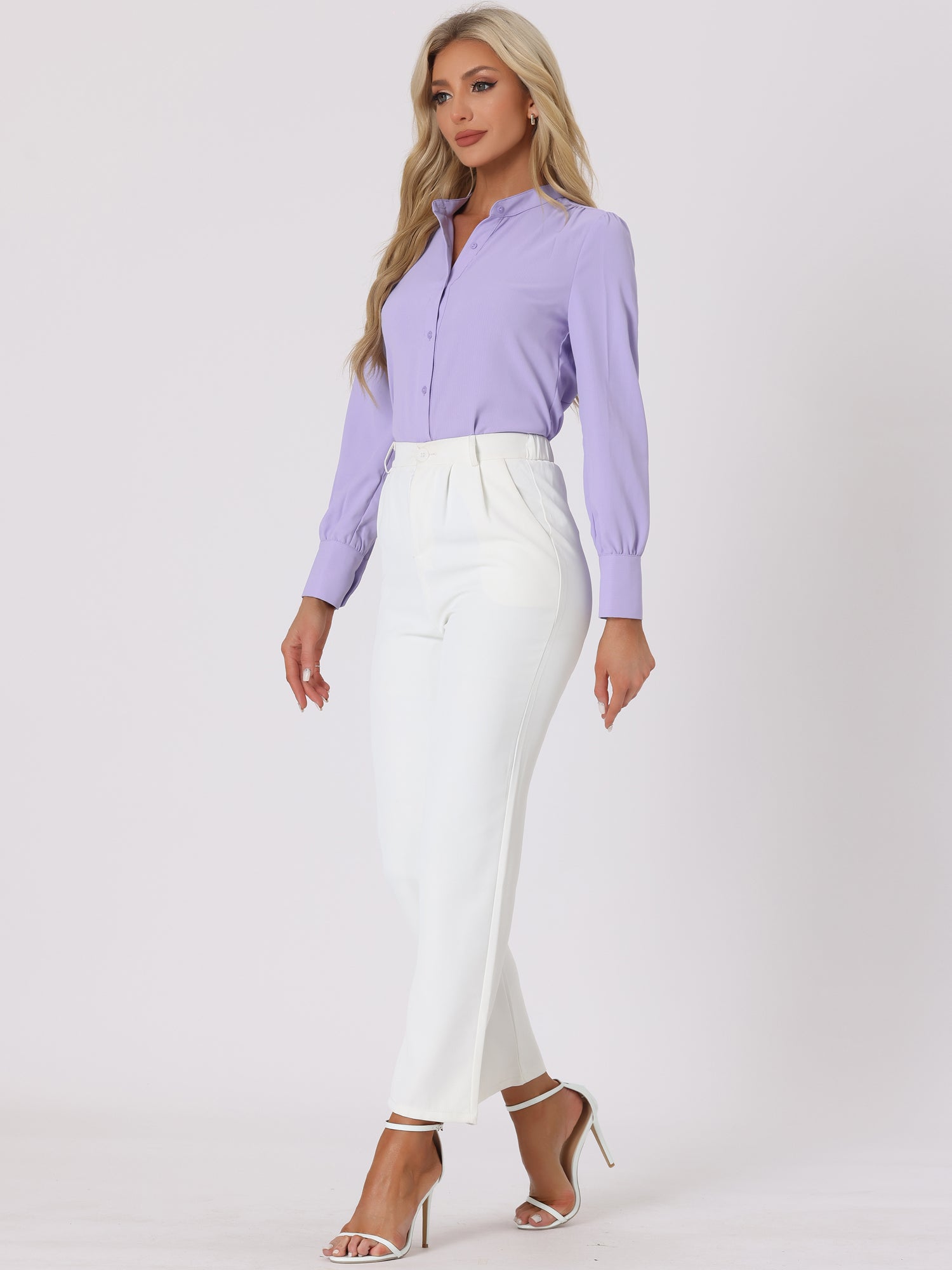 Mandarin Collar Long Sleeve Button Down Office Shirt