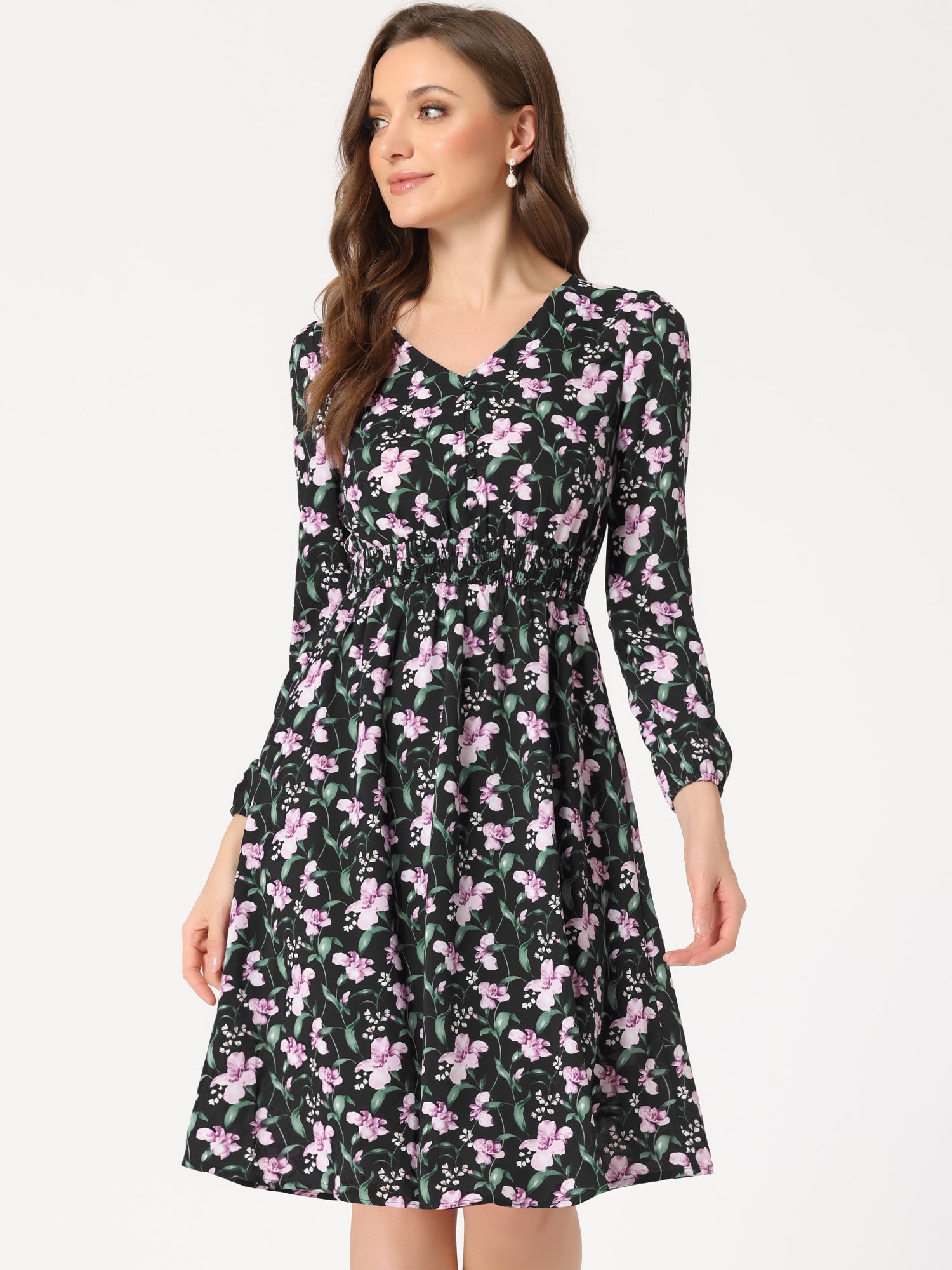 Floral Print V-Neck Long Sleeve Smocked Waist Midi Dress
