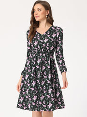 Floral Print V-Neck Long Sleeve Smocked Waist Midi Dress