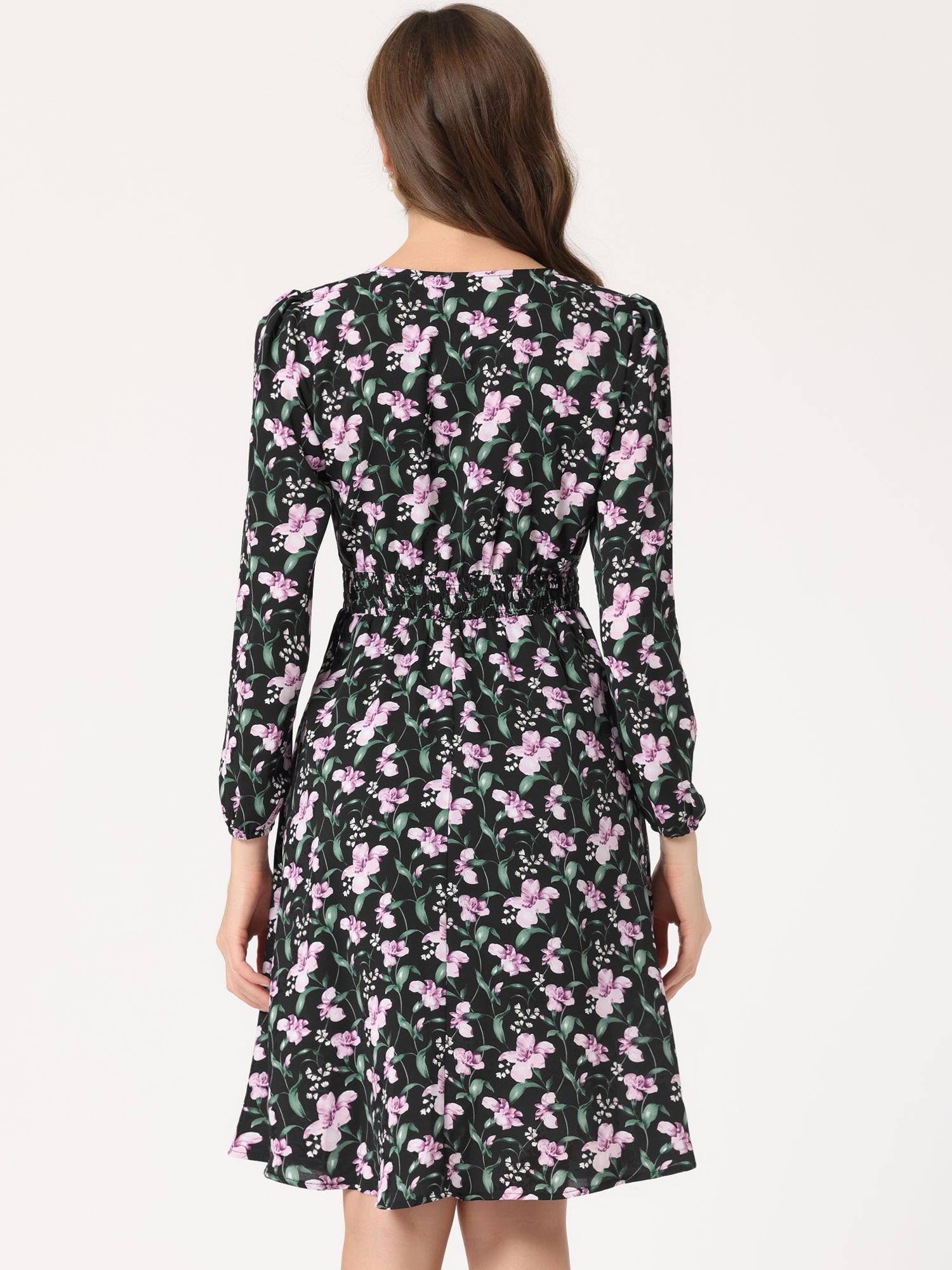 Floral Print V-Neck Long Sleeve Smocked Waist Midi Dress