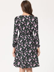 Floral Print V-Neck Long Sleeve Smocked Waist Midi Dress