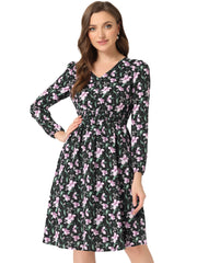 Floral Print V-Neck Long Sleeve Smocked Waist Midi Dress