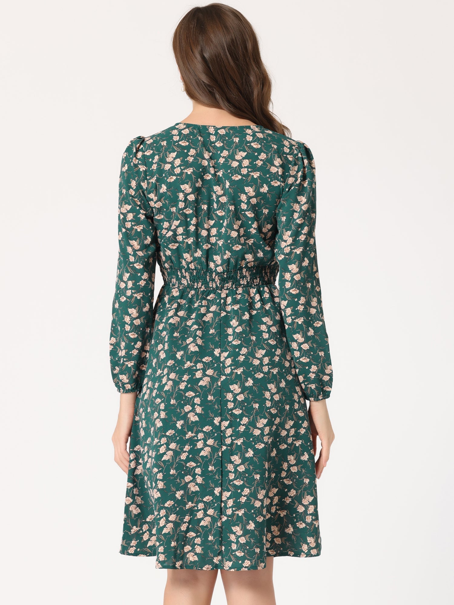 Floral Print V-Neck Long Sleeve Smocked Waist Midi Dress