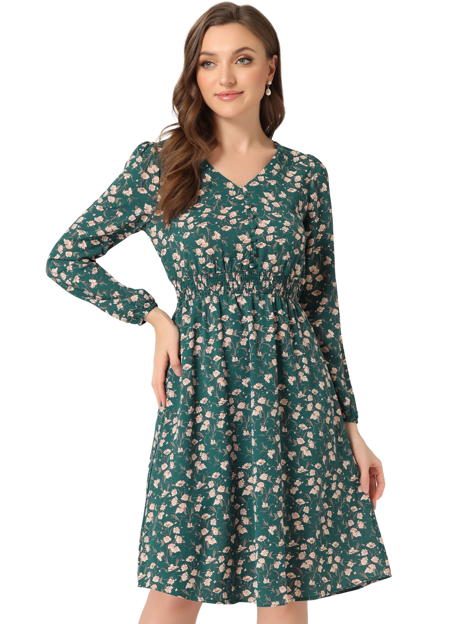 Floral Print V-Neck Long Sleeve Smocked Waist Midi Dress