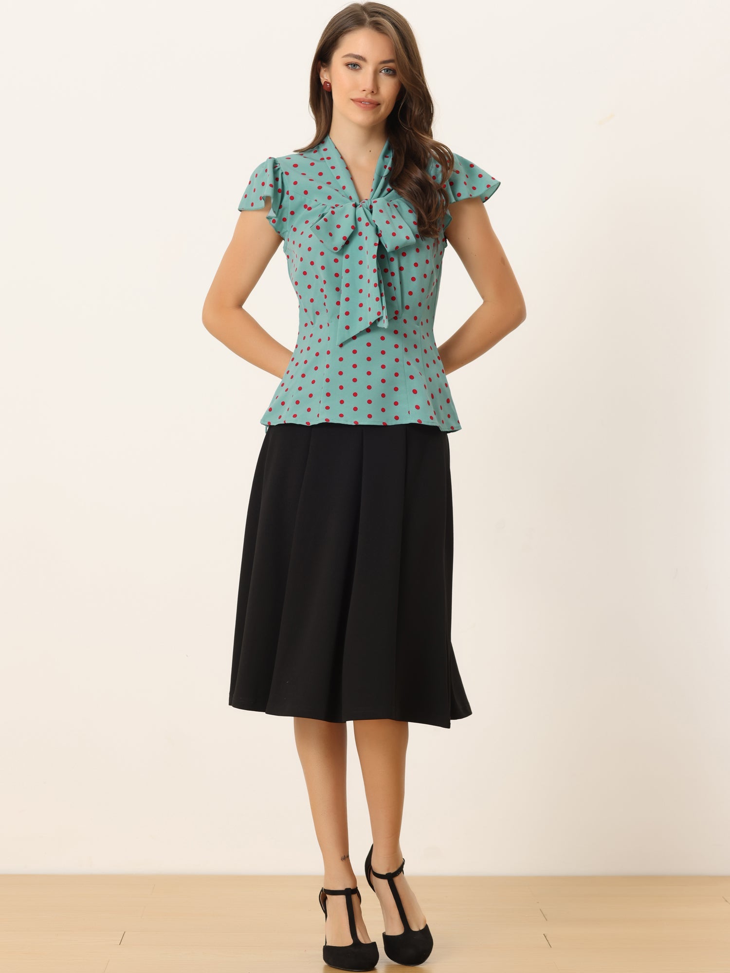 Summer Polka Dots Top Bow Tie V Neck Ruffled Cap Sleeve Office Blouse