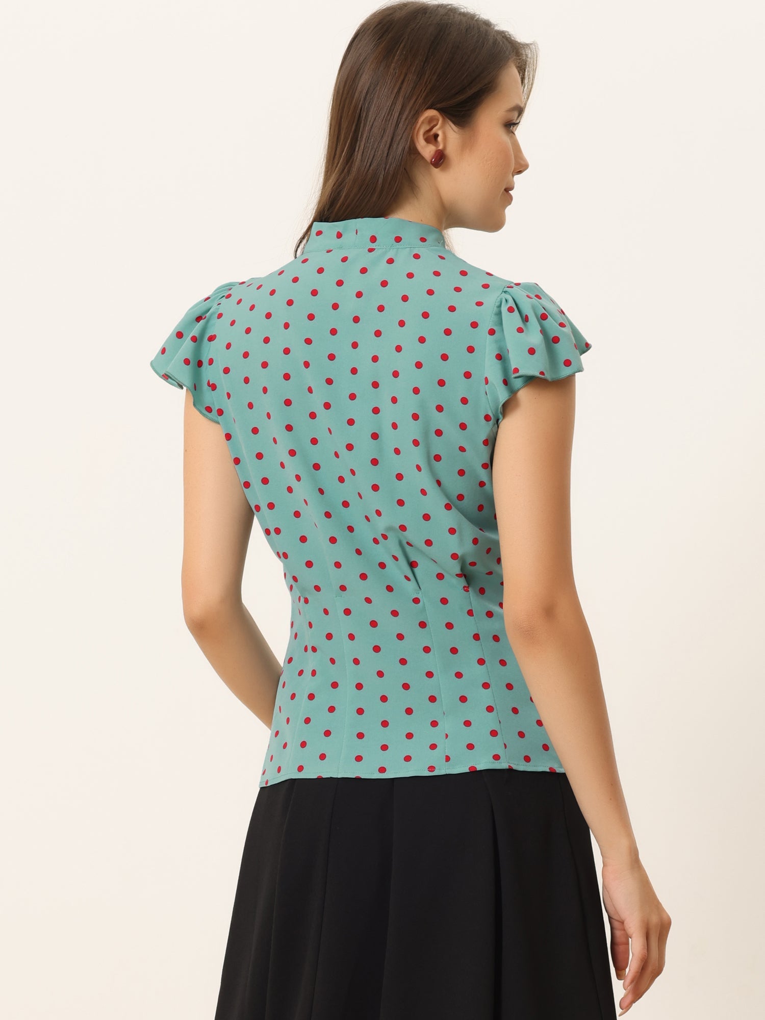 Summer Polka Dots Top Bow Tie V Neck Ruffled Cap Sleeve Office Blouse