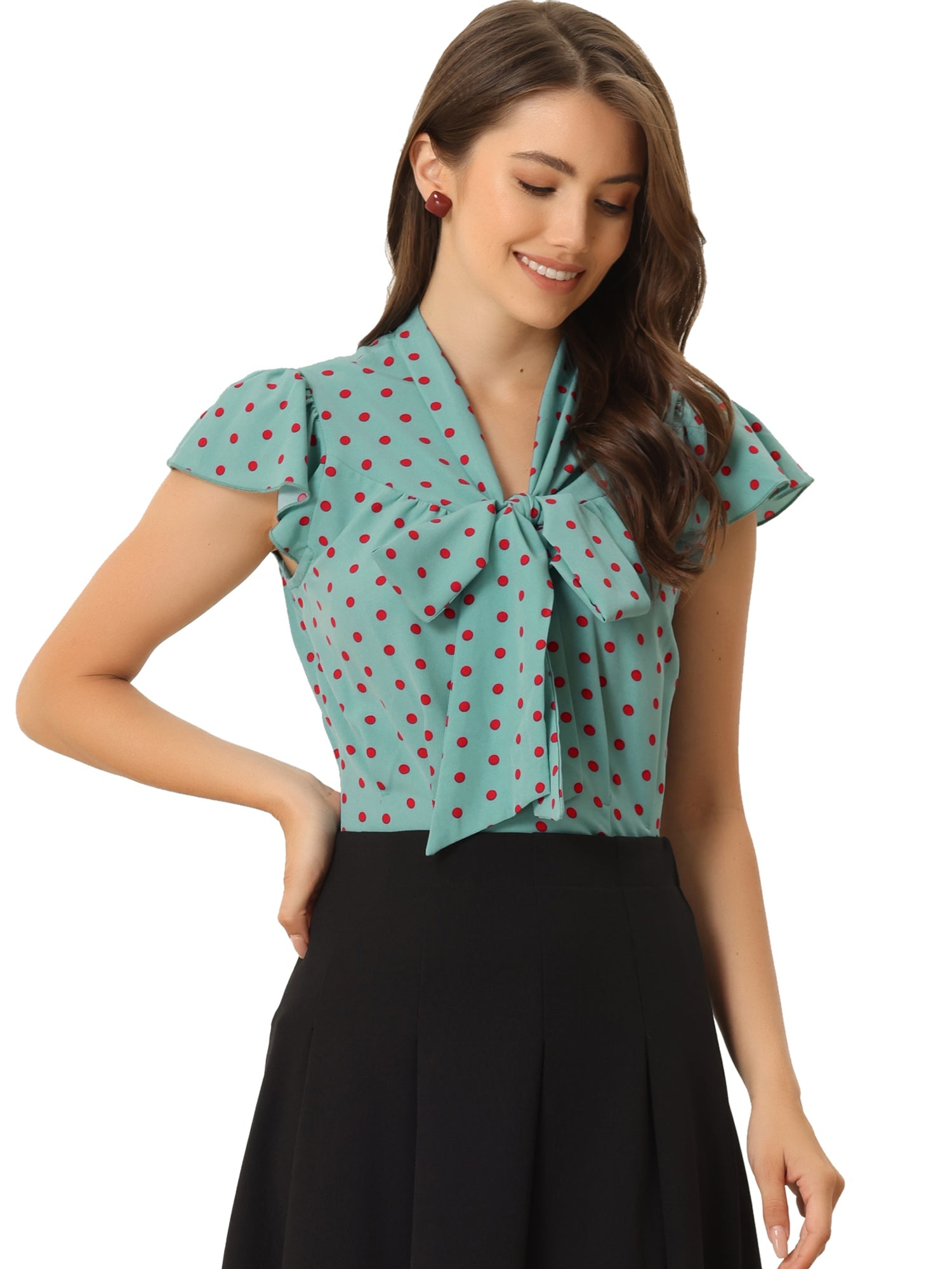 Summer Polka Dots Top Bow Tie V Neck Ruffled Cap Sleeve Office Blouse