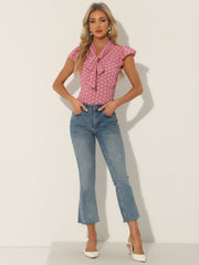Summer Polka Dots Top Bow Tie V Neck Ruffled Cap Sleeve Office Blouse