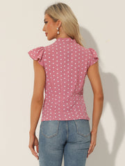 Summer Polka Dots Top Bow Tie V Neck Ruffled Cap Sleeve Office Blouse