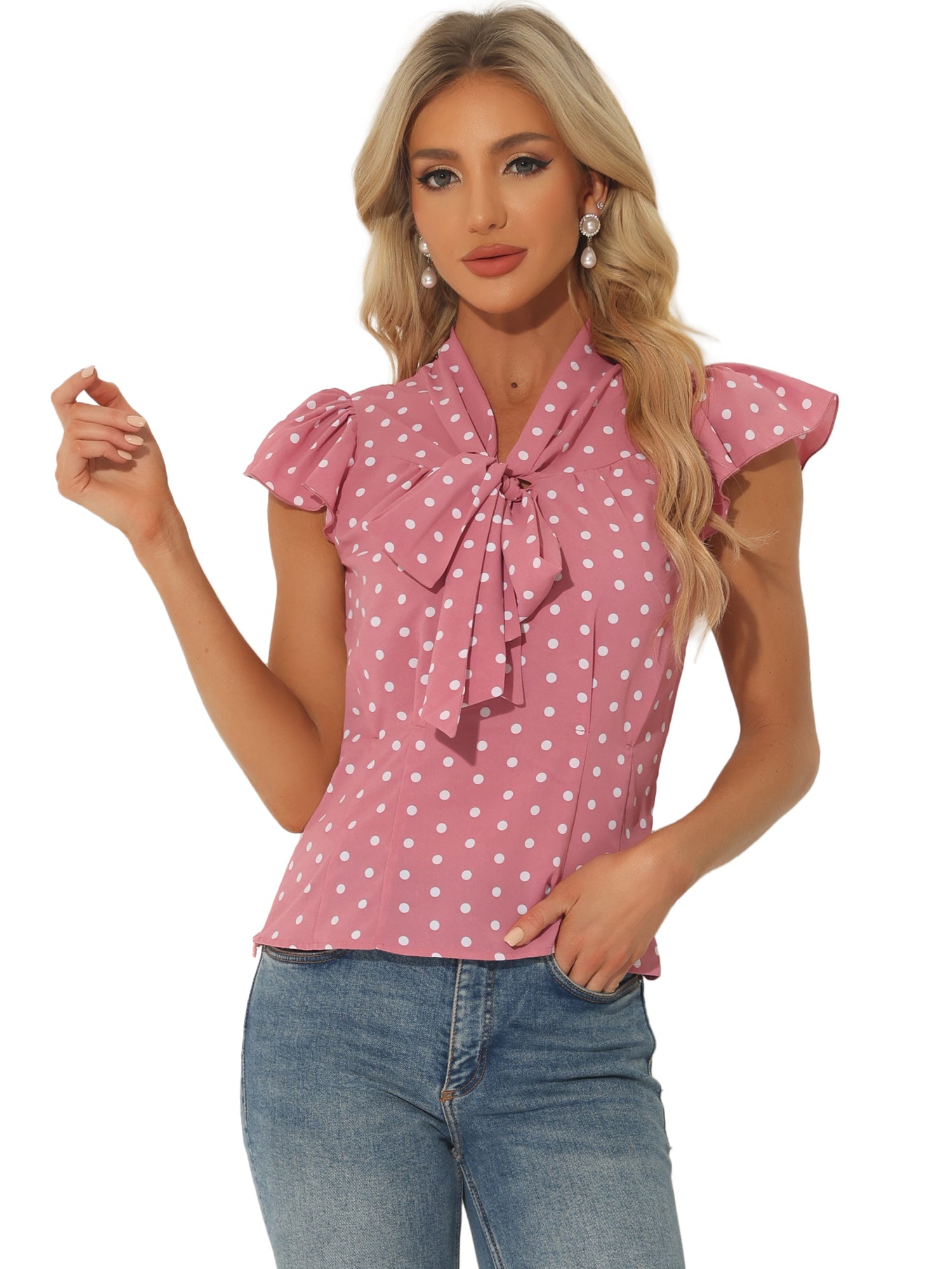 Summer Polka Dots Top Bow Tie V Neck Ruffled Cap Sleeve Office Blouse