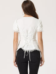 Sweetheart Neck Puff Short Sleeve Lace Up Gothic Blouse