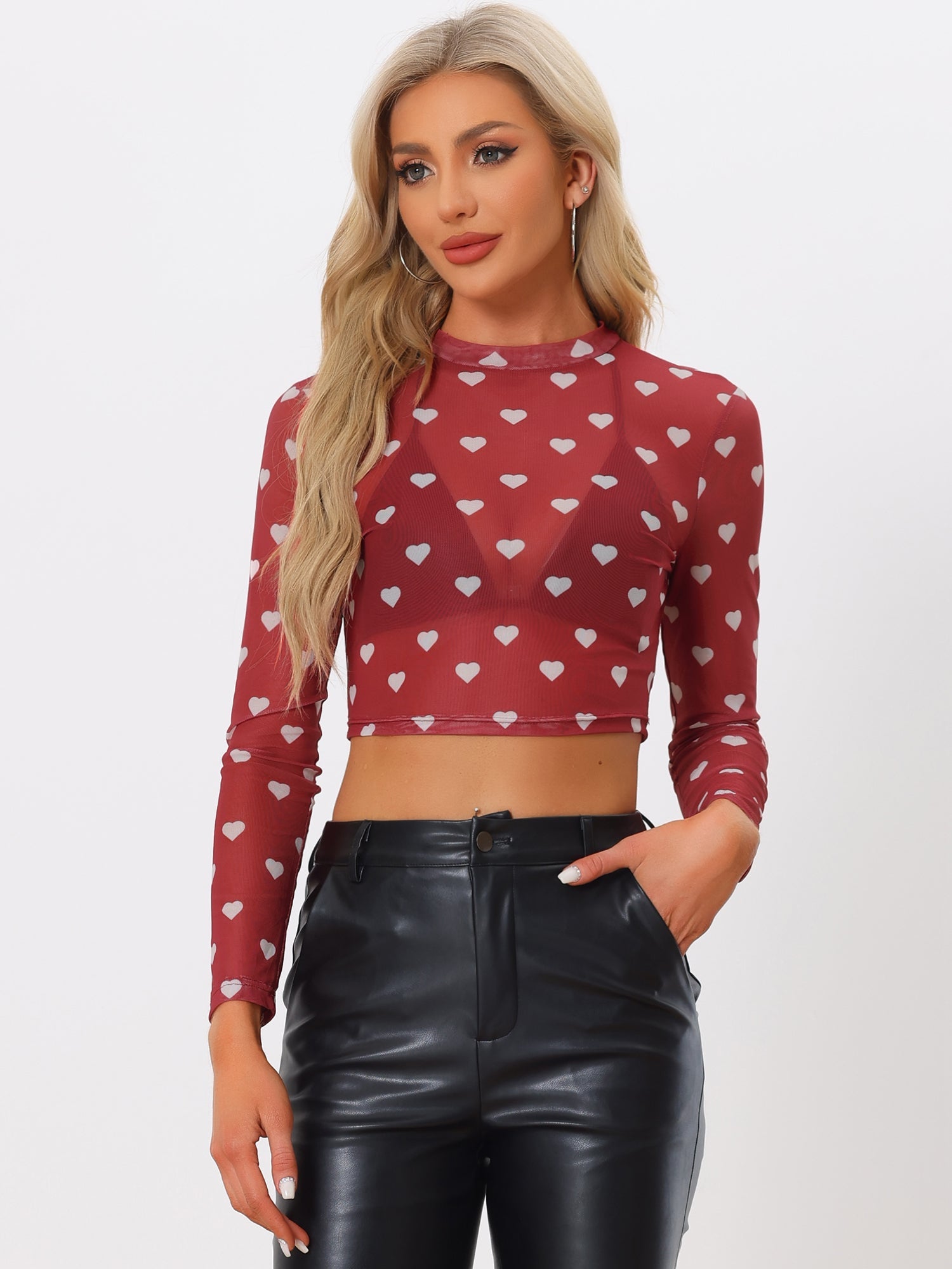 Semi-Sheer Sexy Heart Mesh Crop Top Long Sleeve Blouse