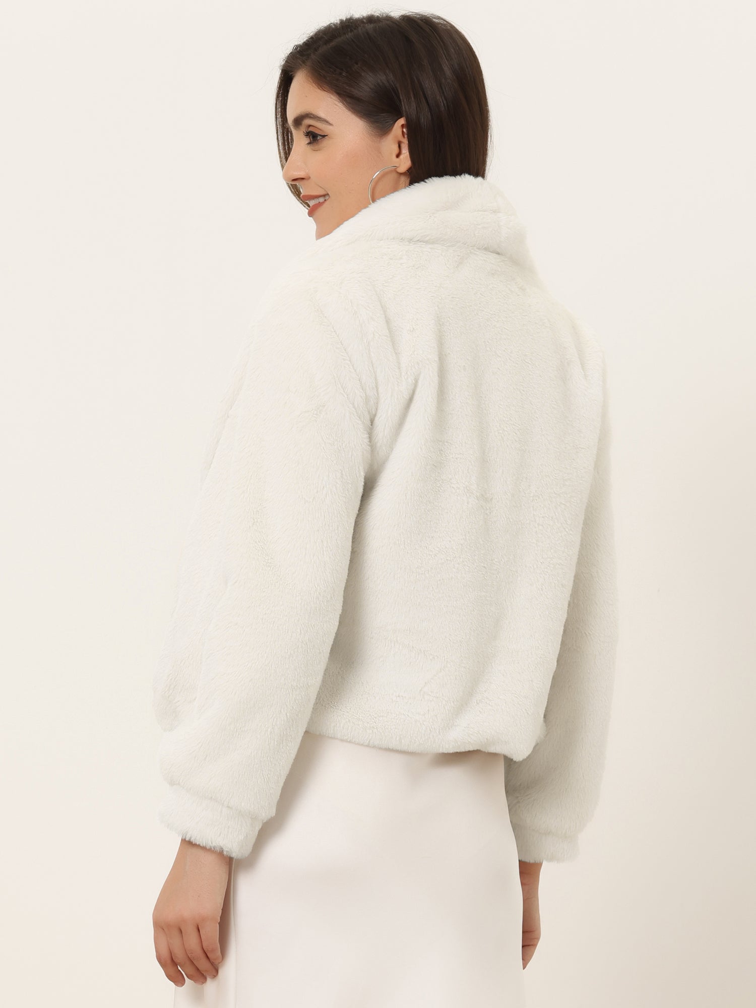 Winter Cropped Jacket Lapel Long Sleeve Faux Fur Fluffy Coat