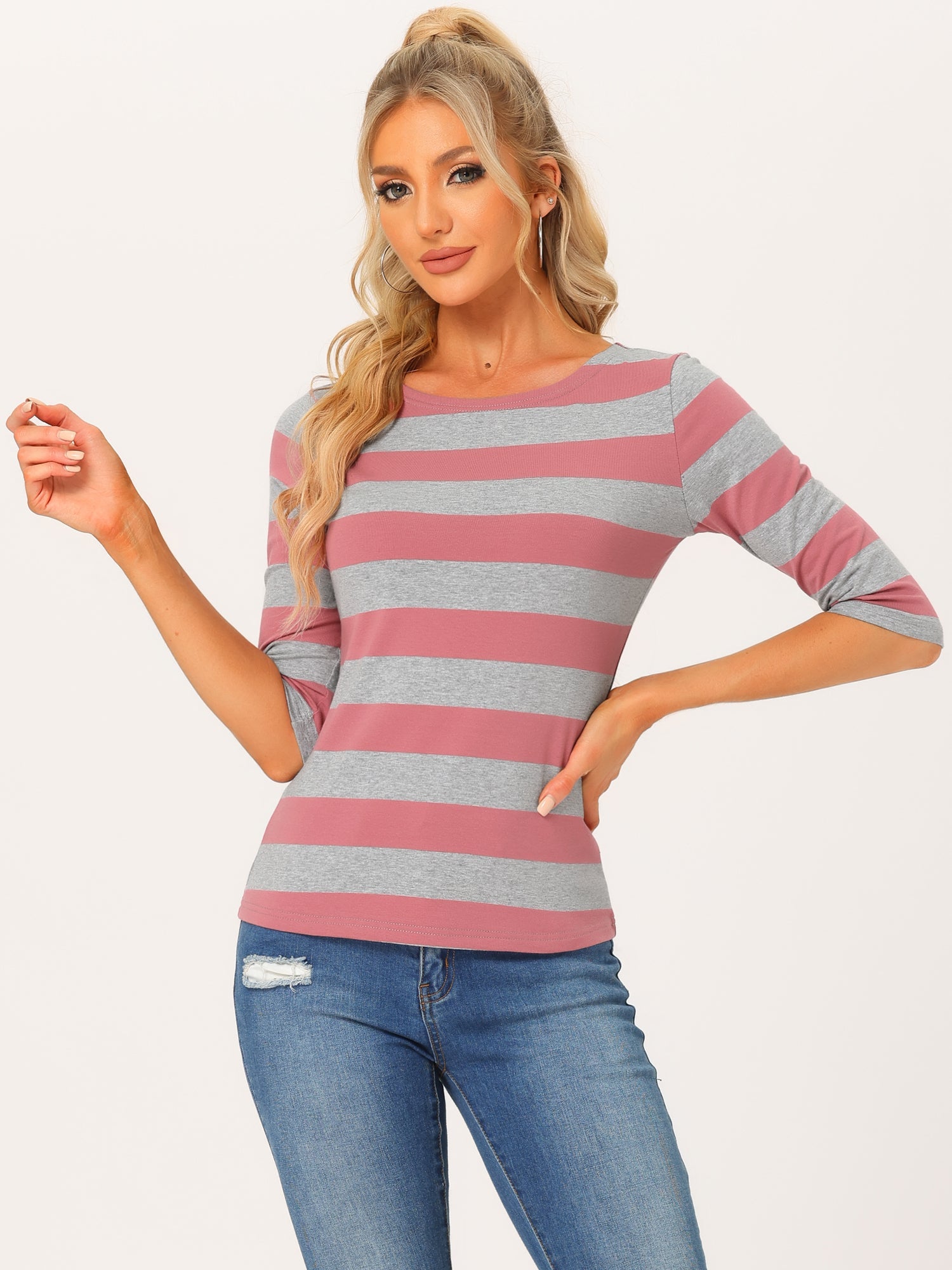 Striped 3/4 Sleeve Casual Basic Boat Neck T-shirt