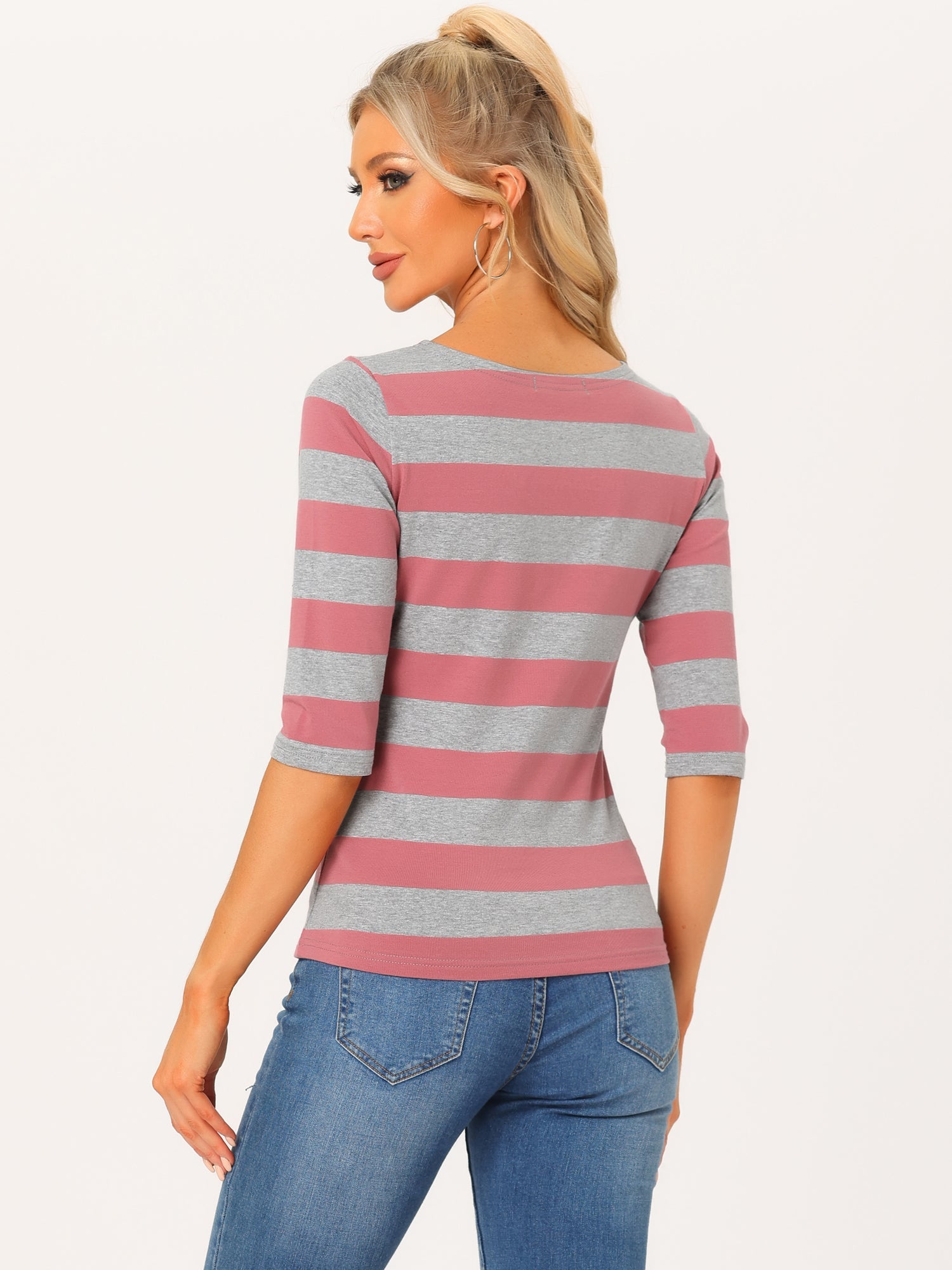 Striped 3/4 Sleeve Casual Basic Boat Neck T-shirt