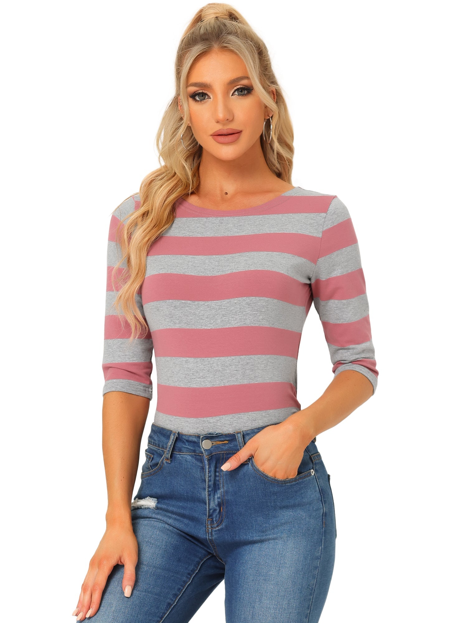 Striped 3/4 Sleeve Casual Basic Boat Neck T-shirt