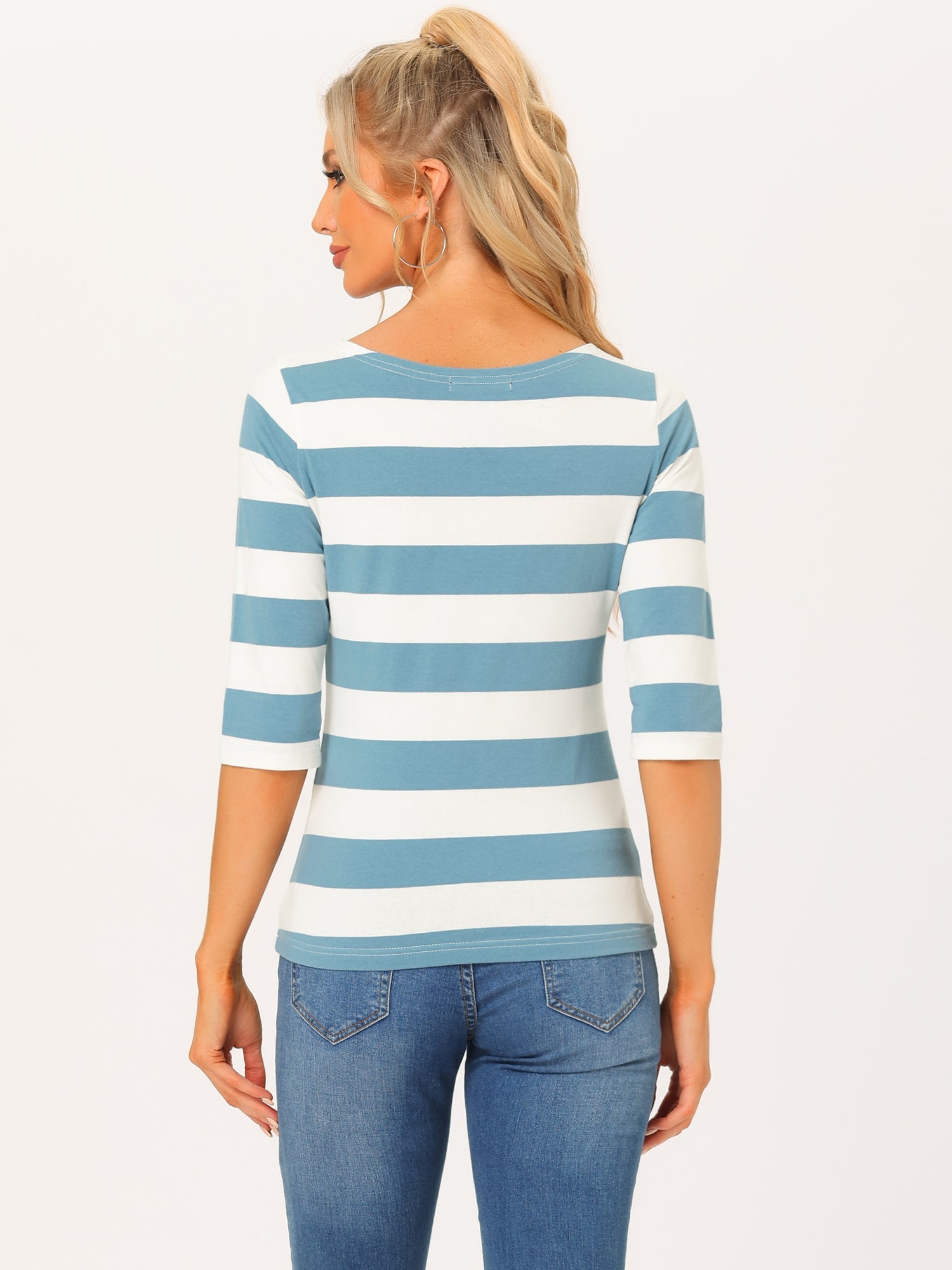 Striped 3/4 Sleeve Casual Basic Boat Neck T-shirt