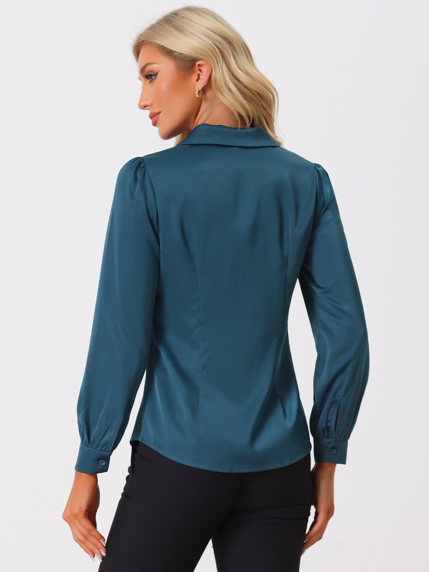 Elegant Collar Blouse Long Sleeve Work Office Satin Button Down Shirt