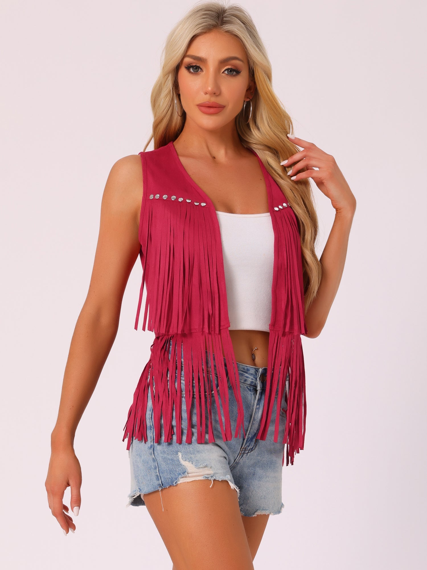 Fringe Open Front 70s Outfits Faux Suede Tassel Vest