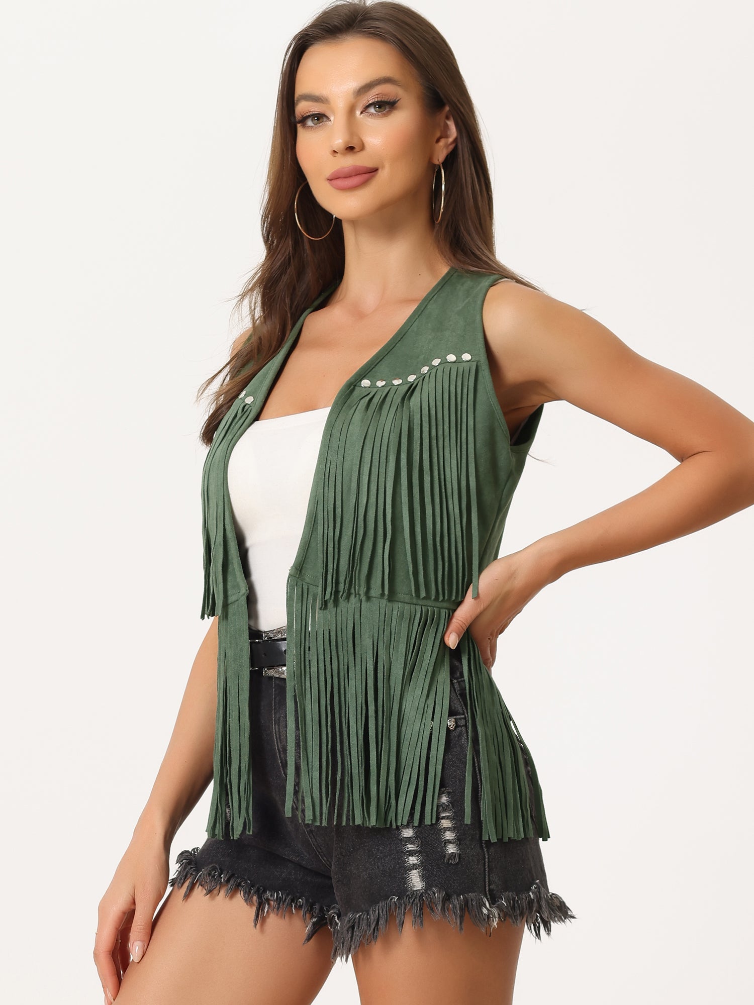Fringe Open Front 70s Outfits Faux Suede Tassel Vest
