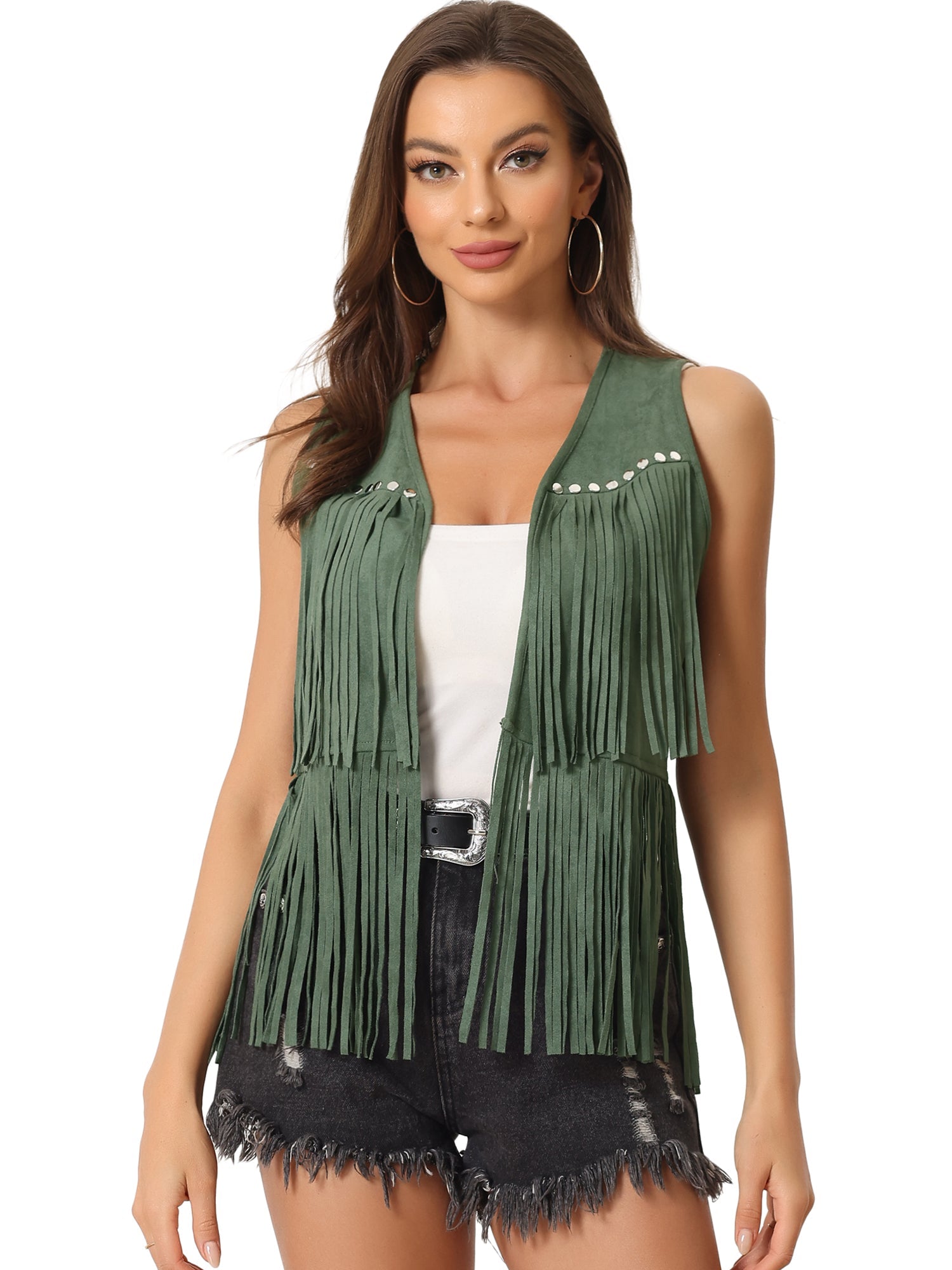 Fringe Open Front 70s Outfits Faux Suede Tassel Vest