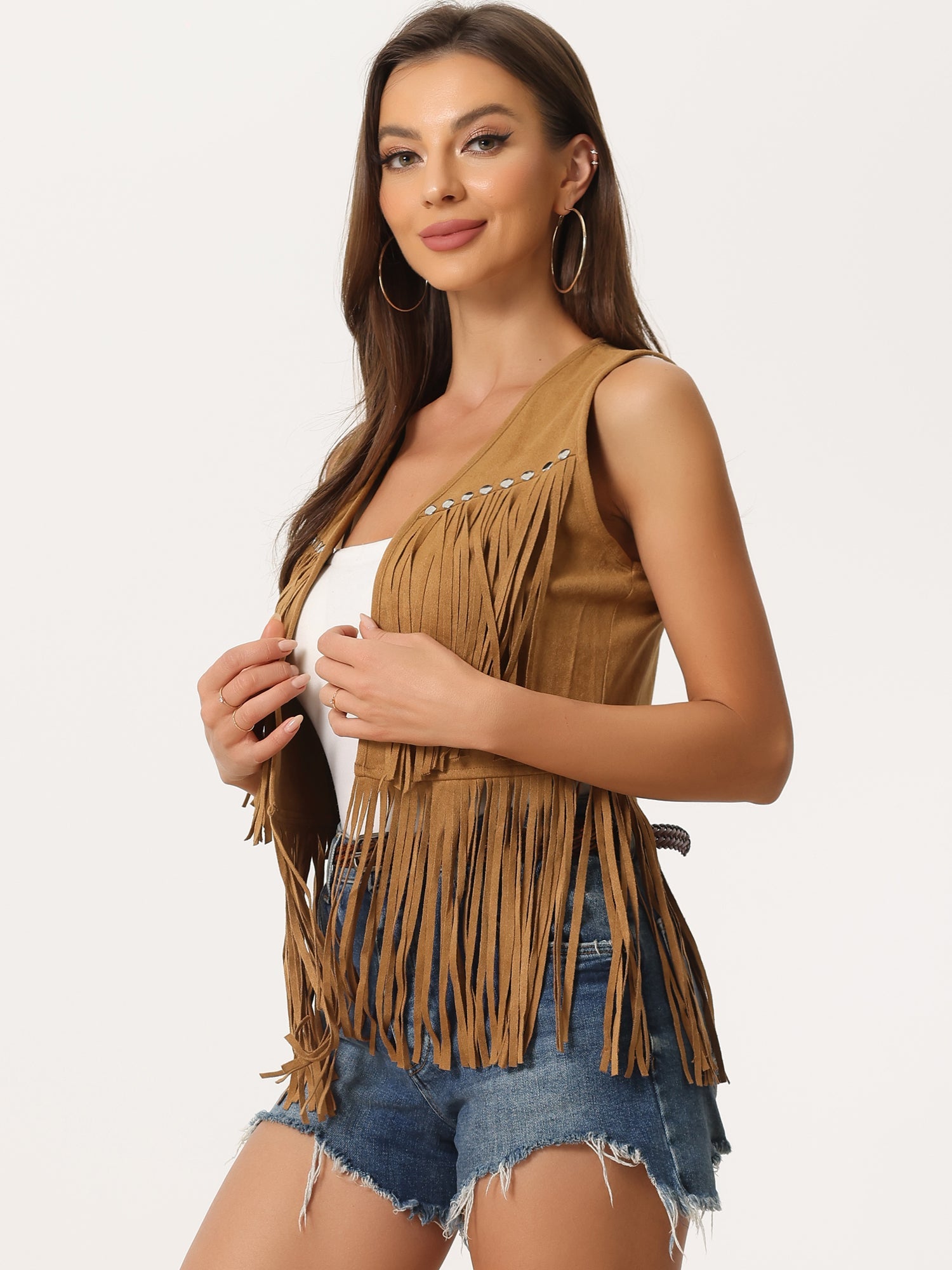 Fringe Open Front 70s Outfits Faux Suede Tassel Vest