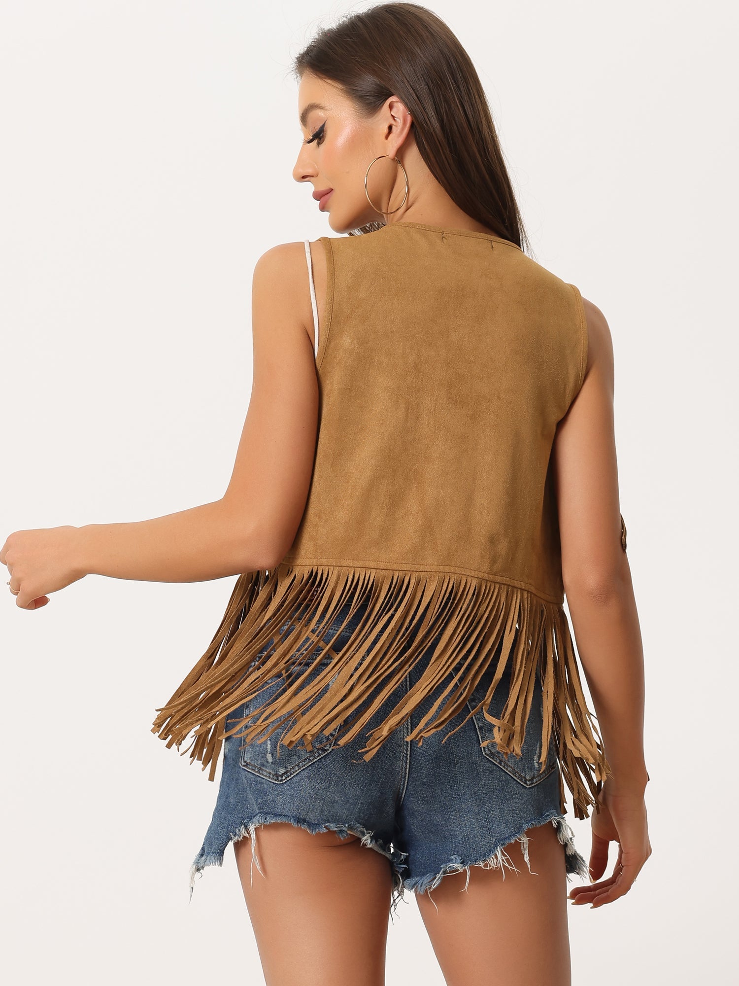 Fringe Open Front 70s Outfits Faux Suede Tassel Vest