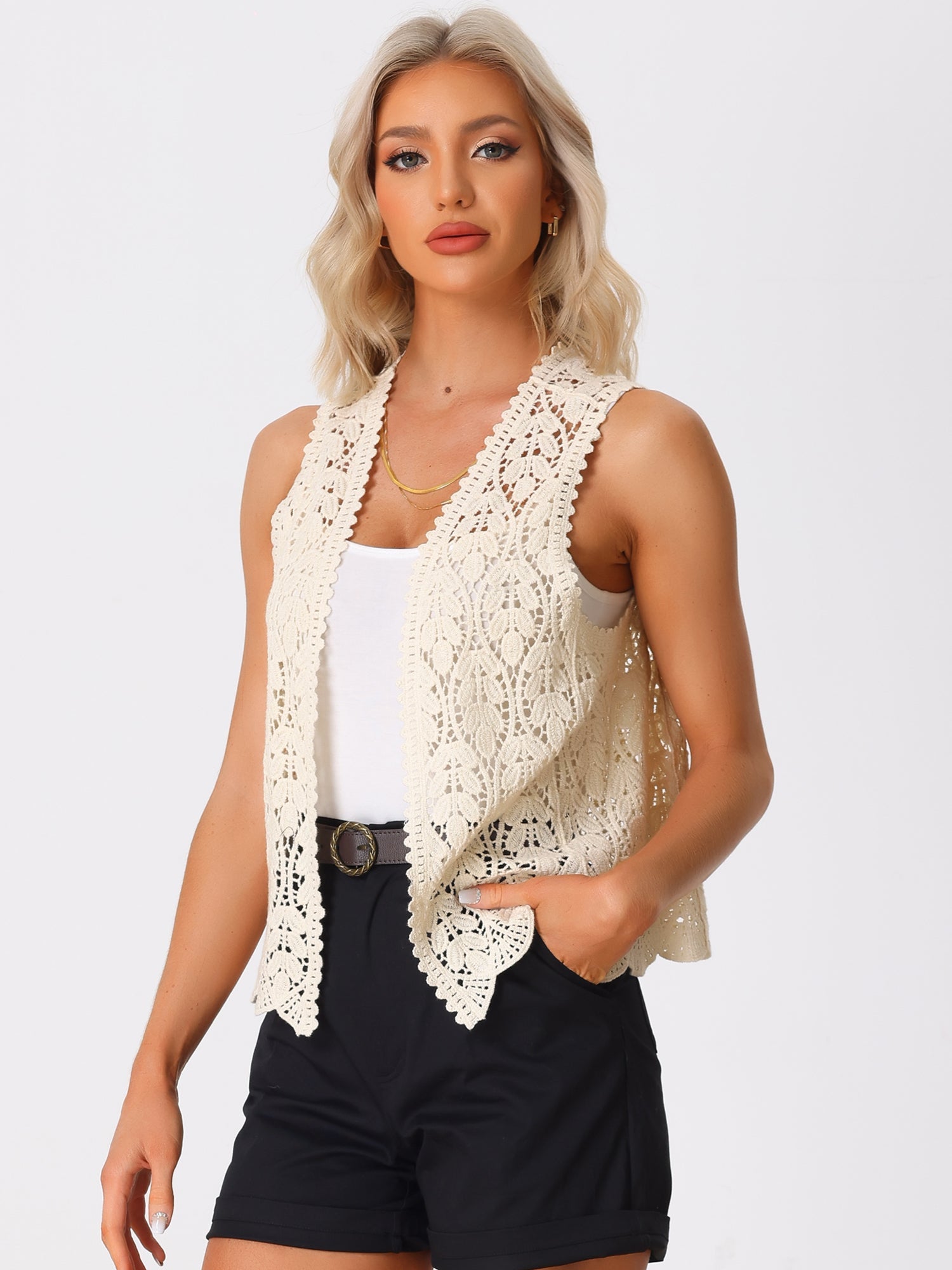 Floral Crochet Hollow Out Sleeveless Open Front Boho Vest Cardigan